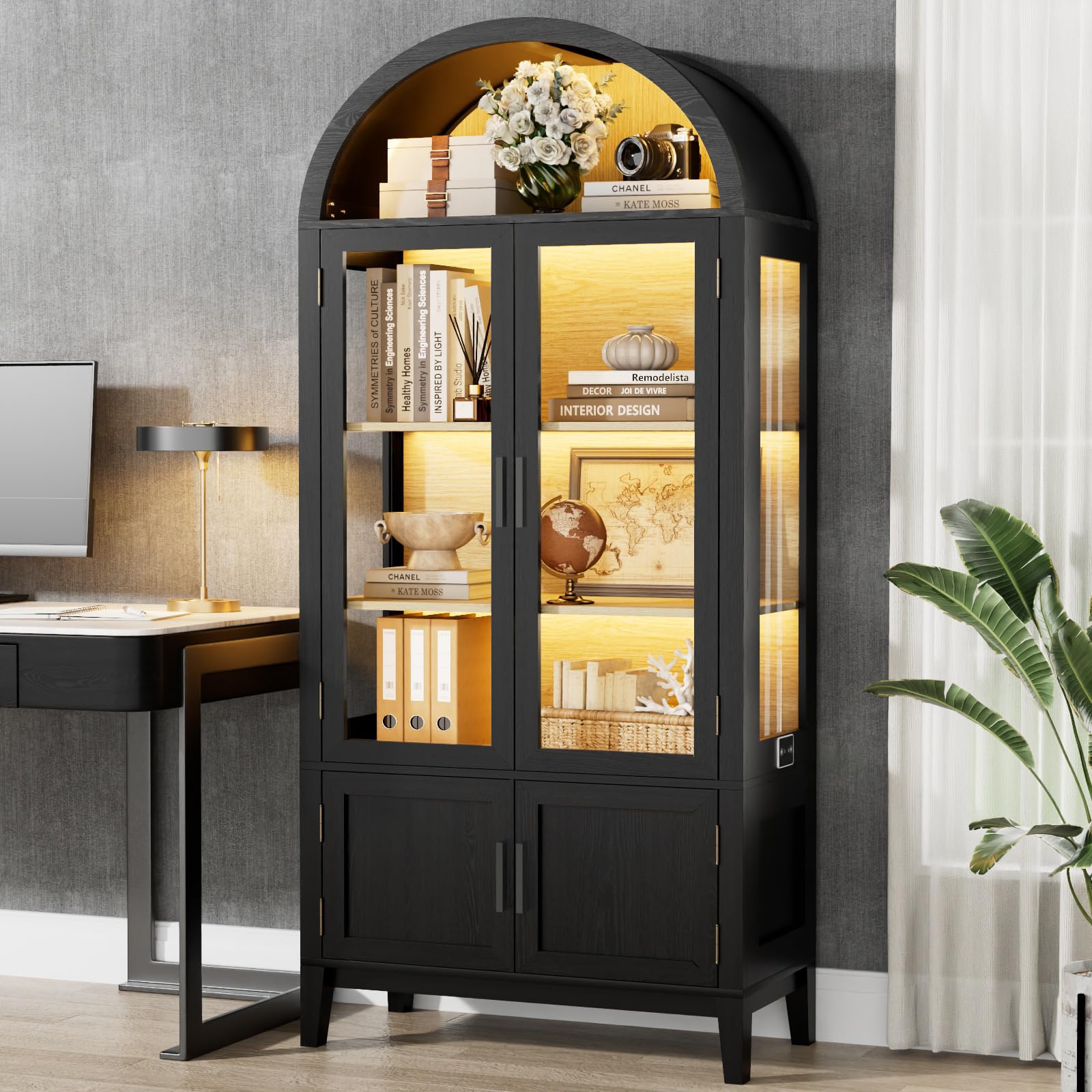 Arched Glass Door Pantry Cabinet with LED Lights