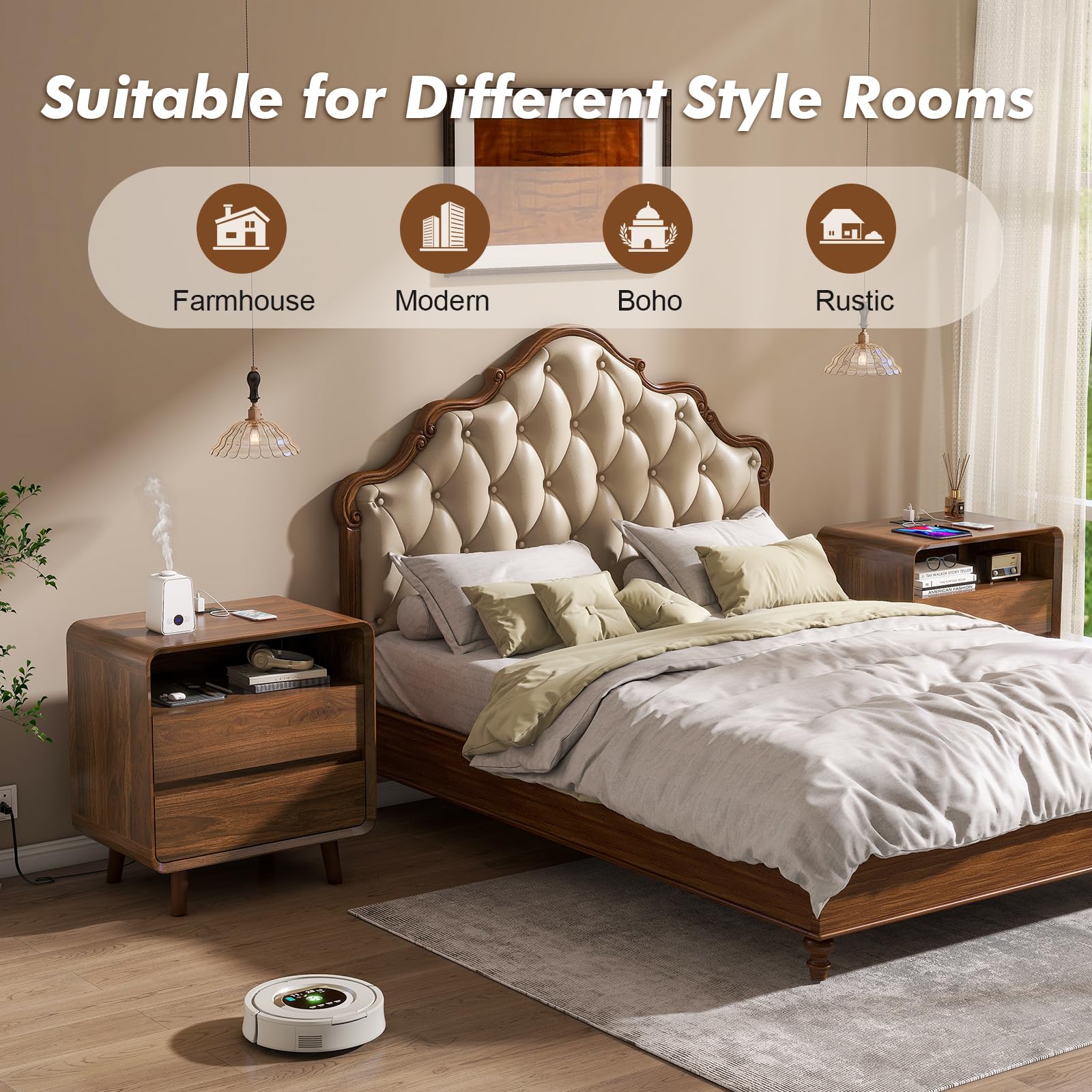 Mid Century Modern Nightstand Set of 2 with Charging Station