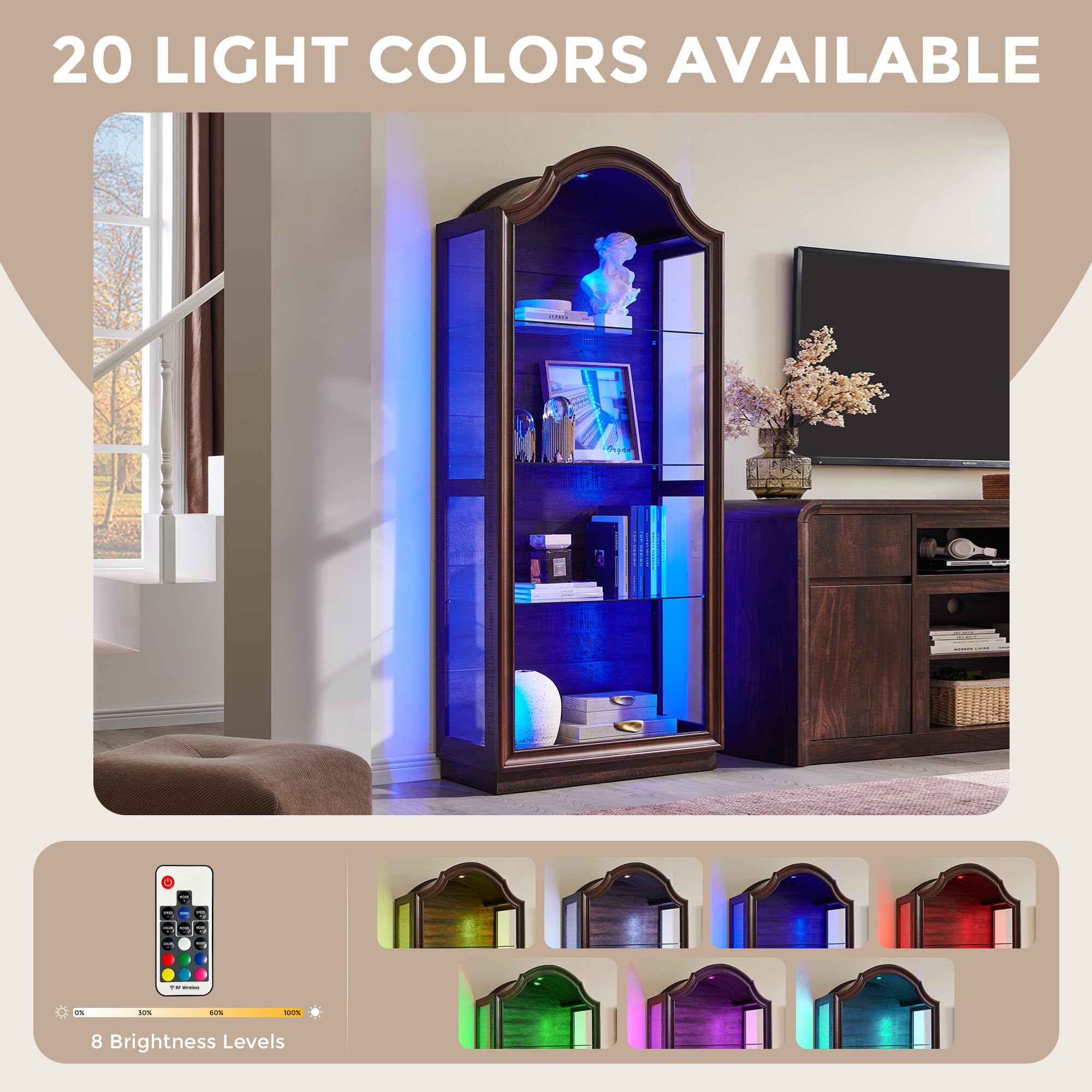 Arched Glass Display Cabinet with LED Lights