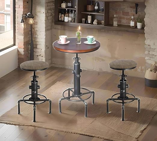 3 Piece Industrial Pub Bar Set with Adjustable Height