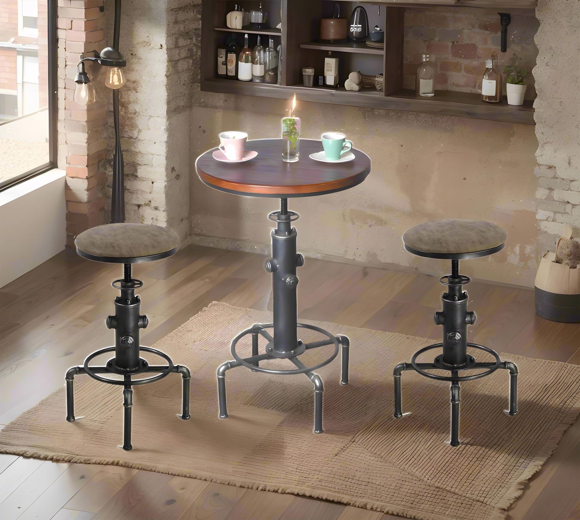 3 Piece Industrial Pub Bar Set with Adjustable Height