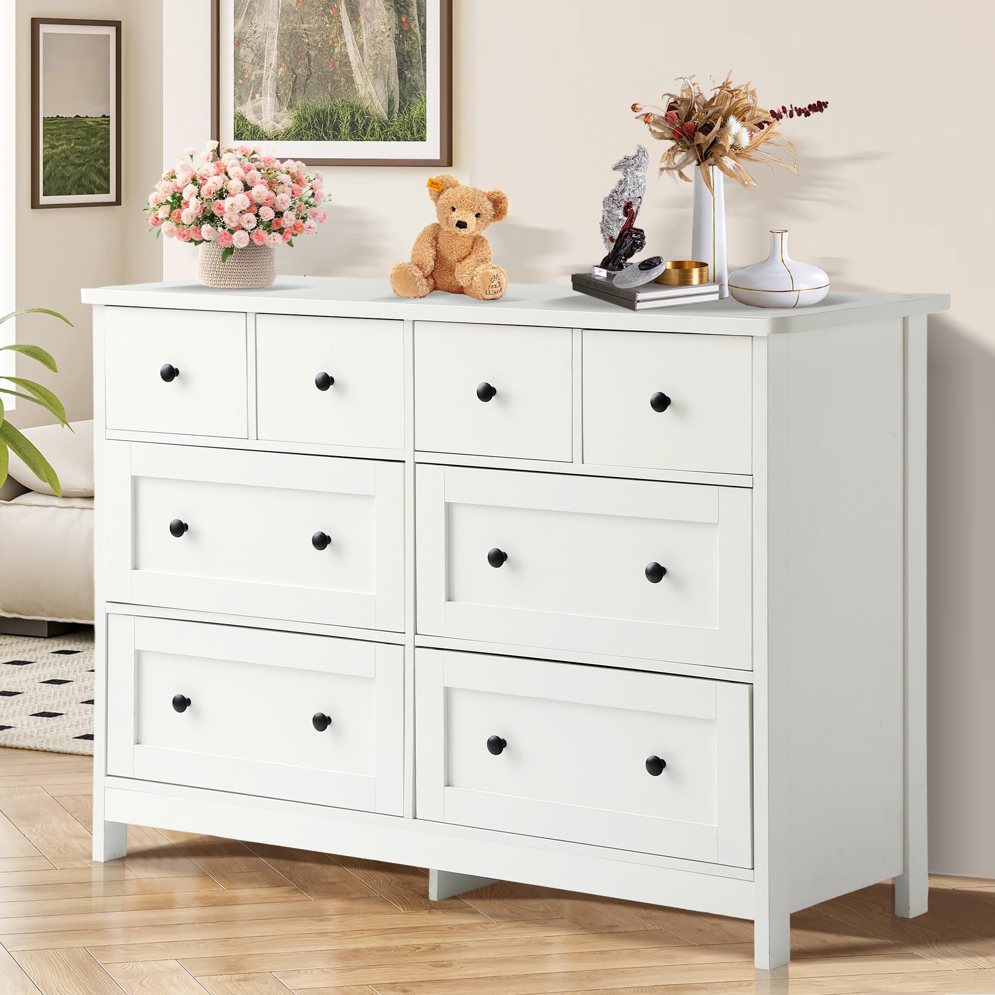8 Drawer Dresser 47" Wooden Chest with Metal Knobs White