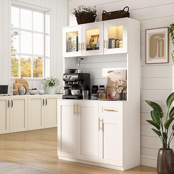 Kitchen Pantry Cabinet with Microwave Shelf and Charging Station
