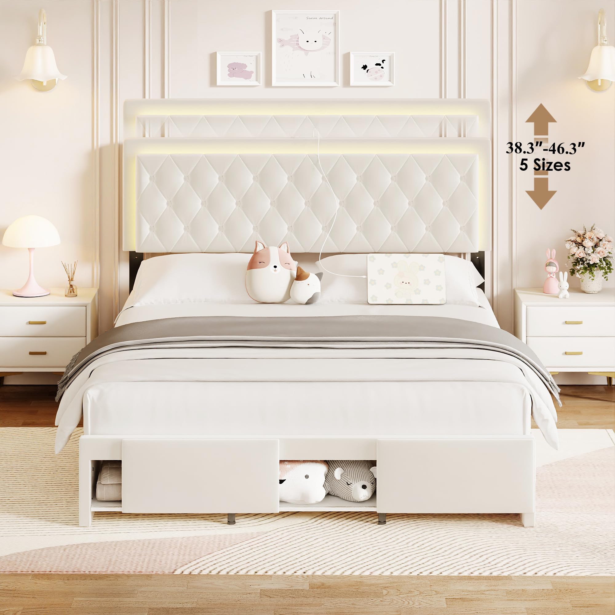 Queen Bed Frame with LED Headboard and Storage
