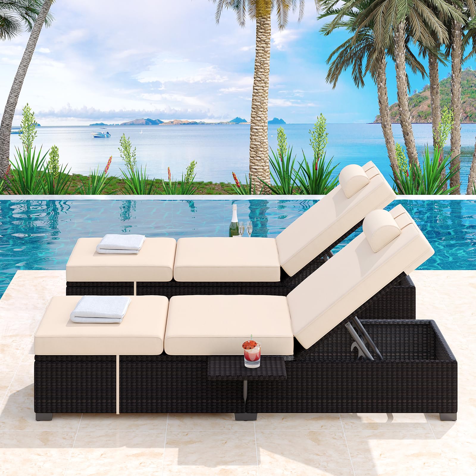 Outdoor PE Wicker Chaise Lounge Set of 2 with Storage Table