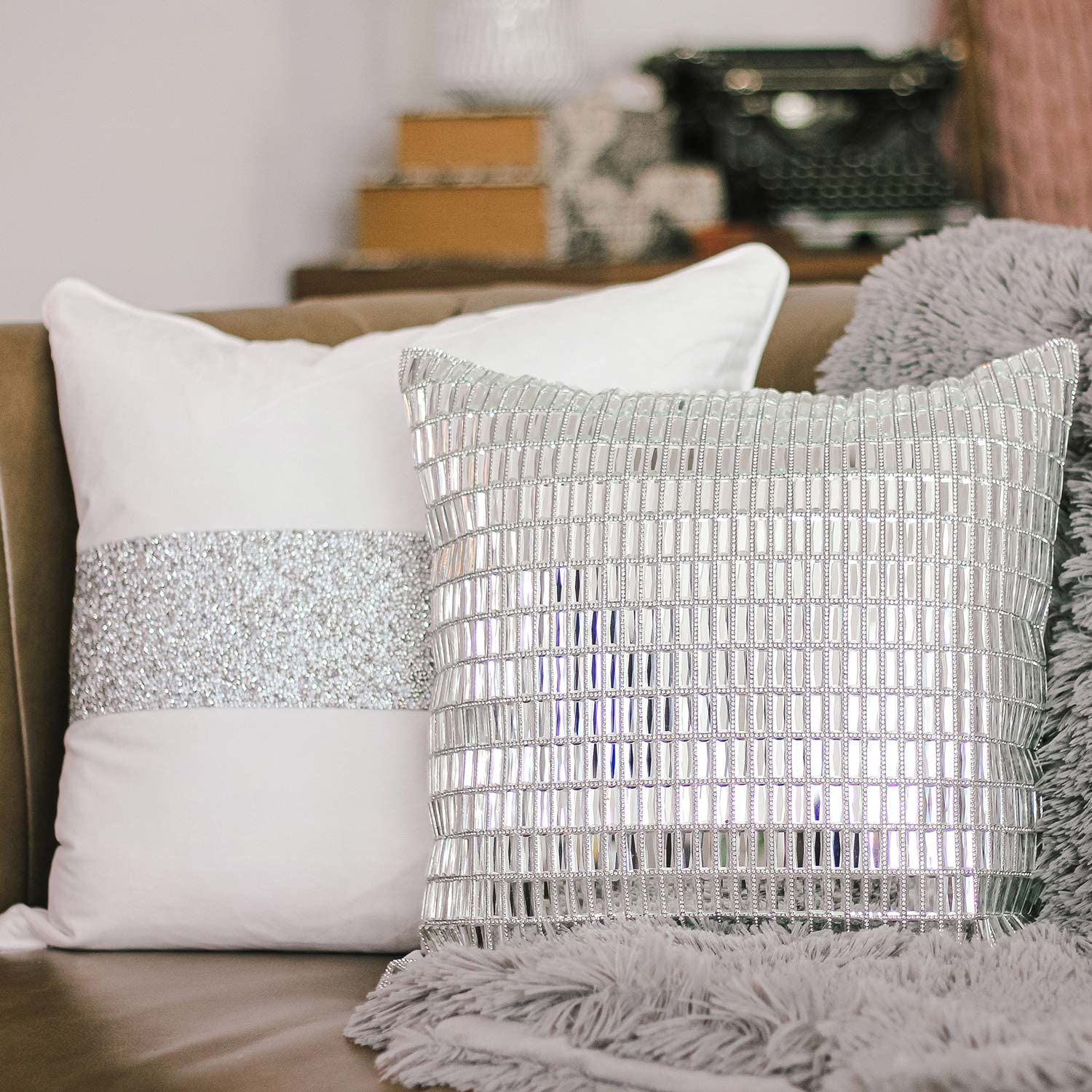 Glass Stone Velvet Throw Pillow Silver 16x16