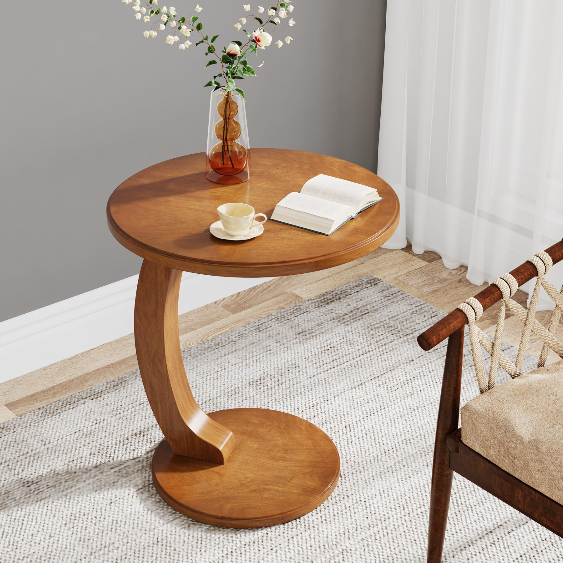 C-Shaped End Table Set of 2 - Wooden Round Side Table Brown