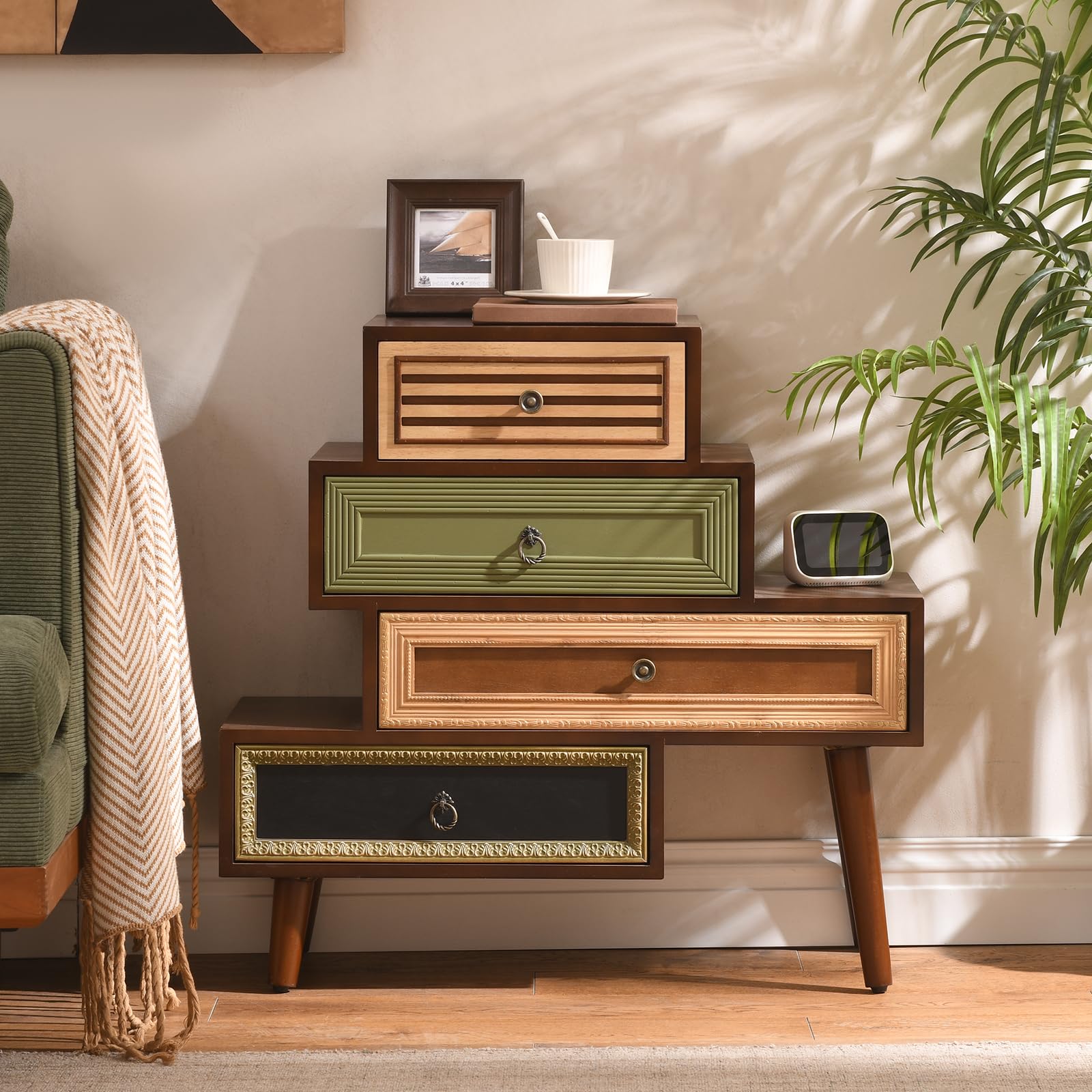 Vintage Accent Chest with 4 Drawers - Multicolored Hand-Carved Rustic Cabinet