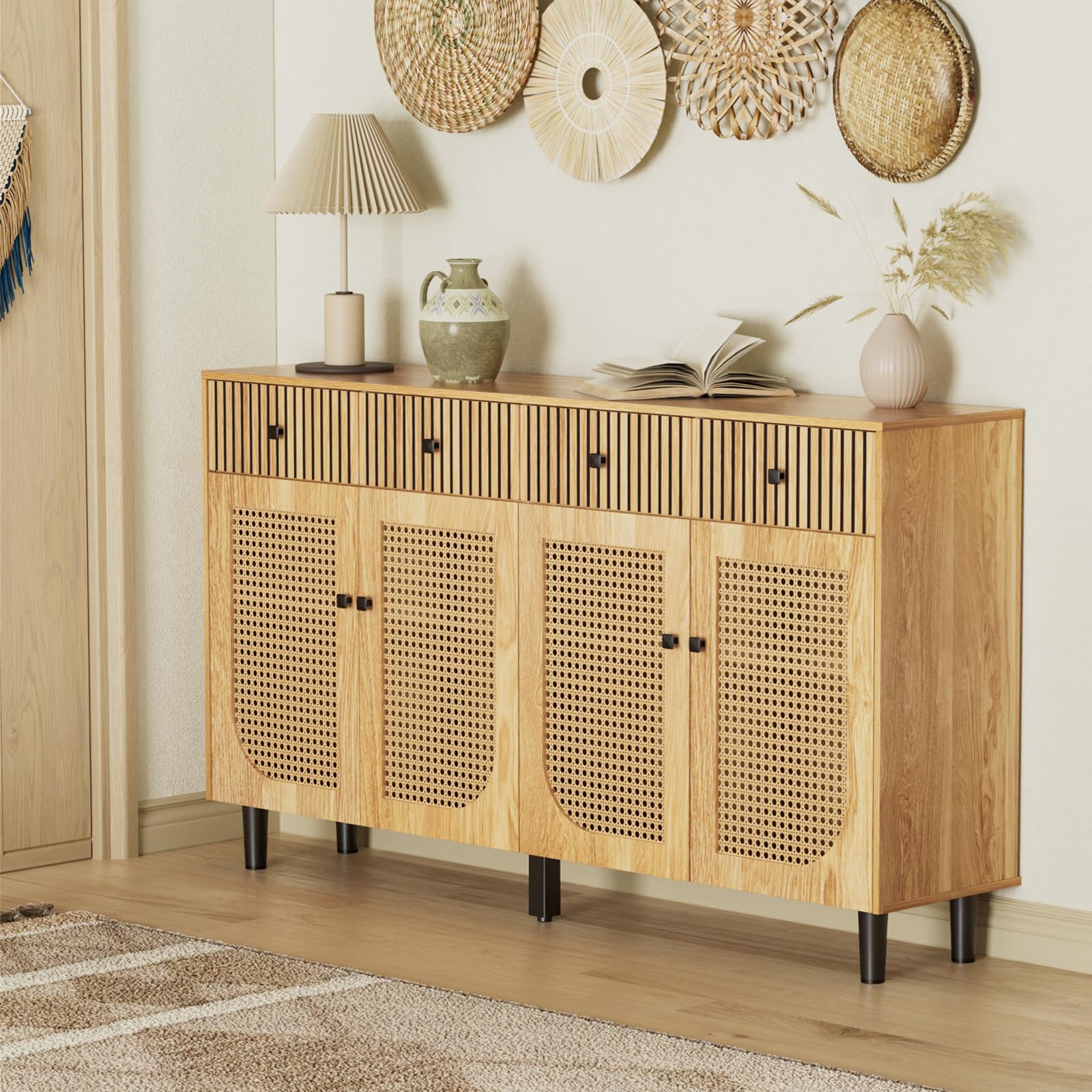 63 Inch Rattan Sideboard Buffet Cabinet with 4 Drawers