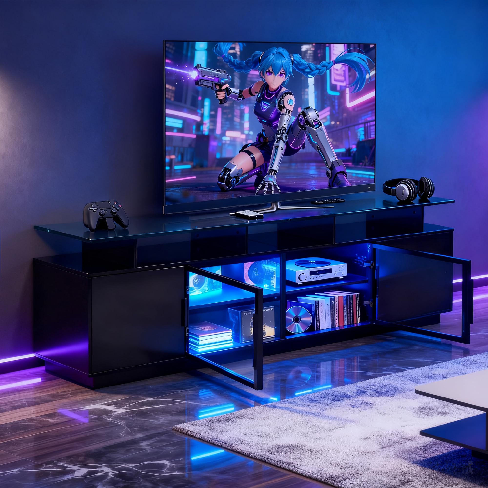 70 Inch TV Stand with LED Lights and Charging Station