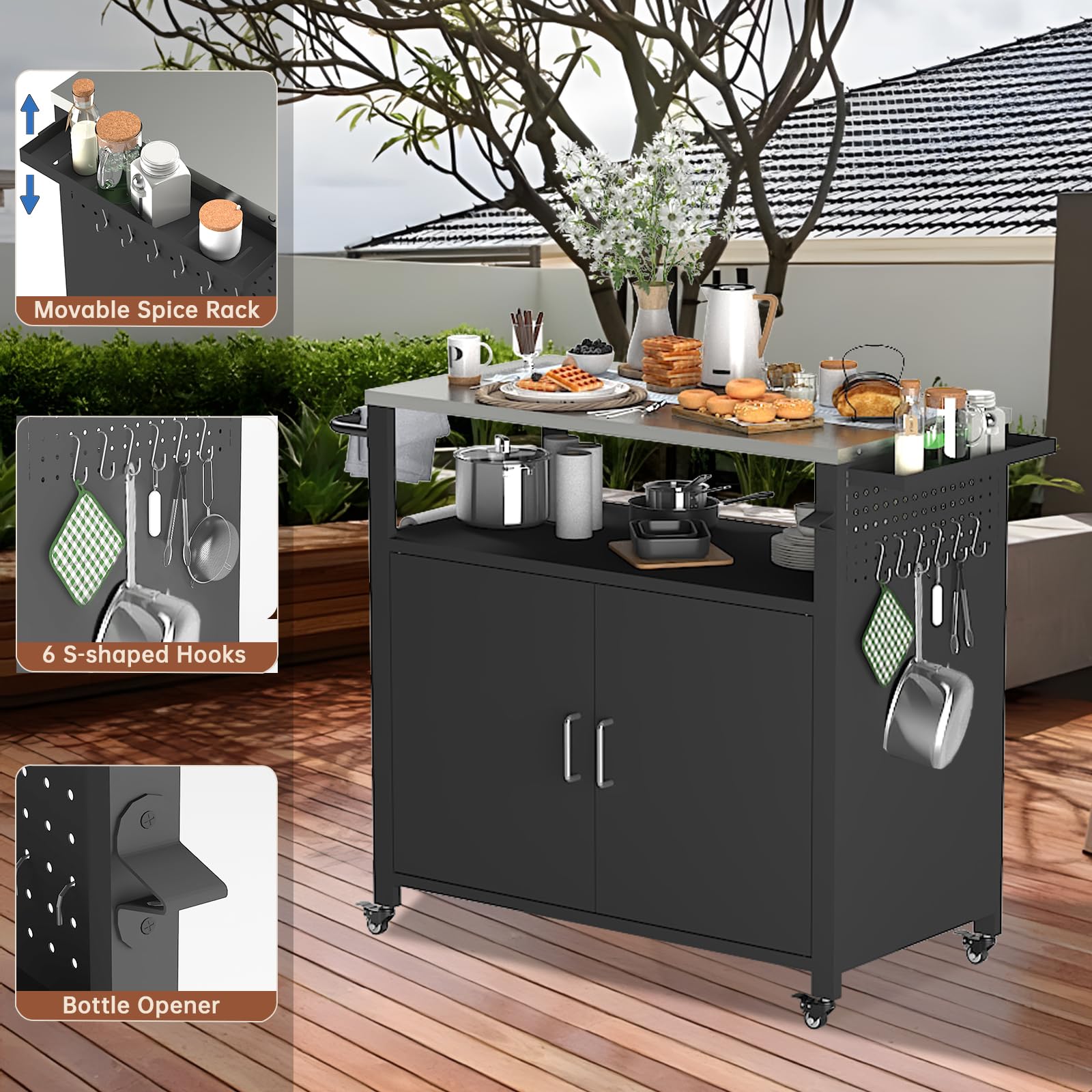 Outdoor Grill Table with Storage and Stainless Steel Top