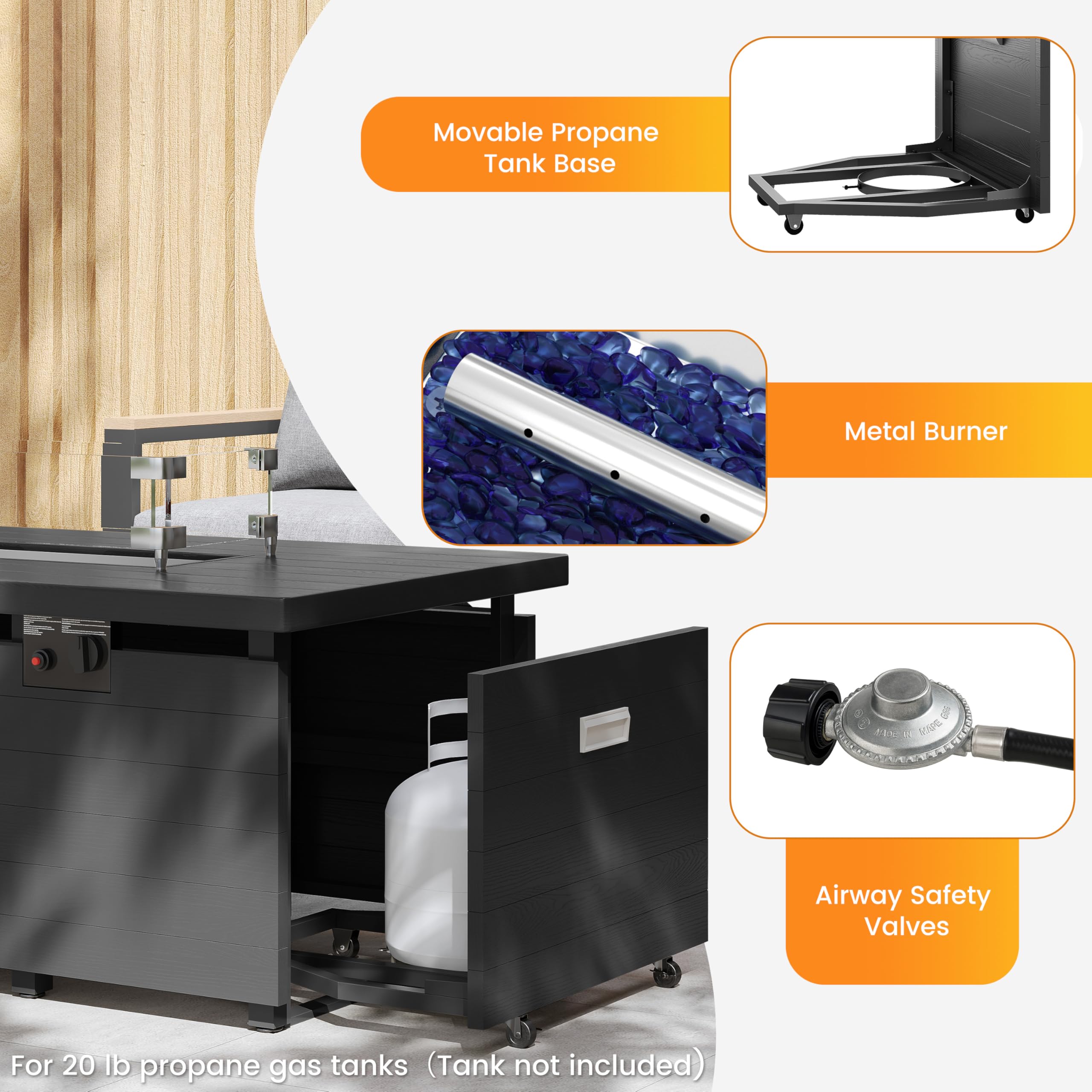 51 Inch Rectangle Propane Fire Pit Table with Glass Wind Guard