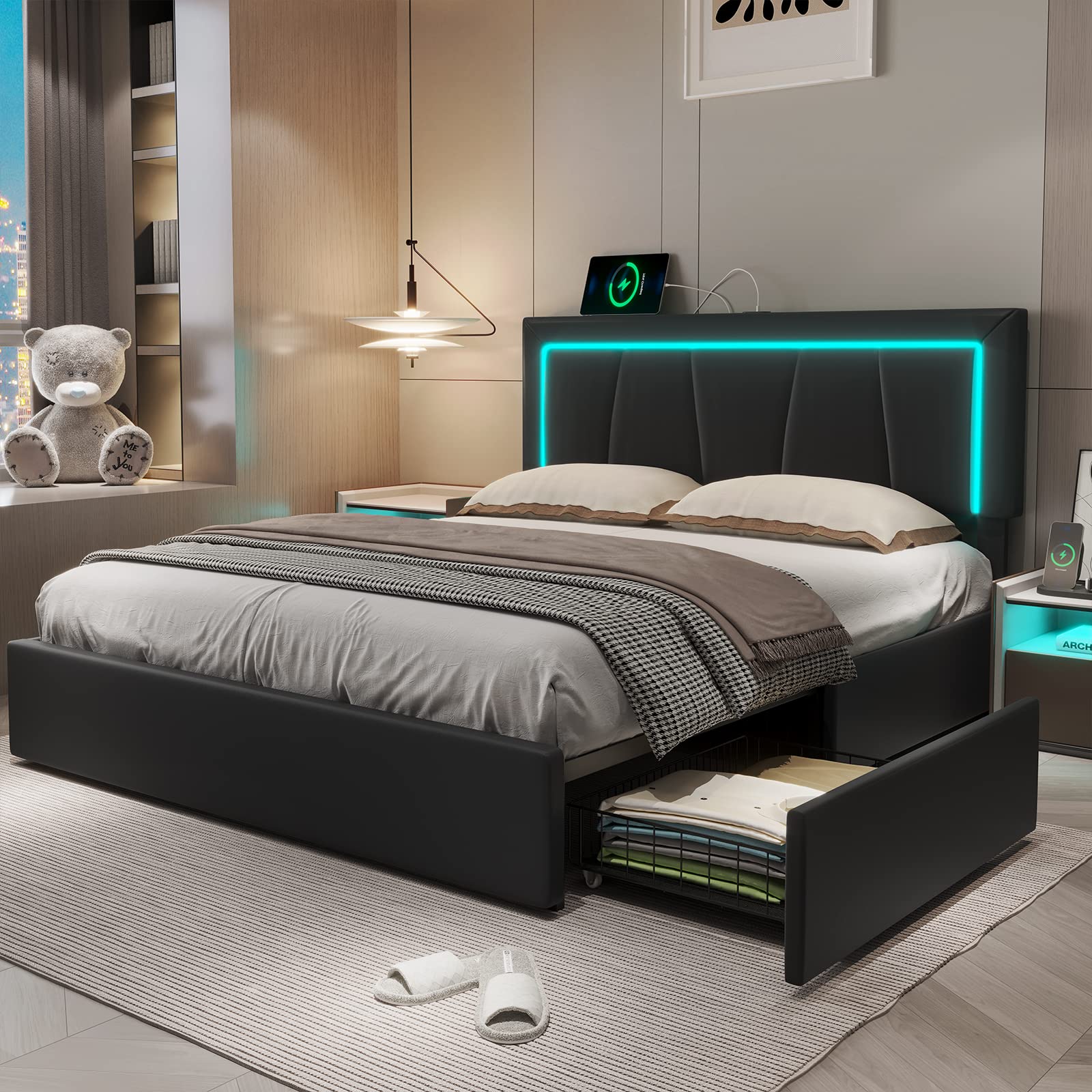 Queen Bed Frame with LED Headboard, Storage Drawers & Charging Station