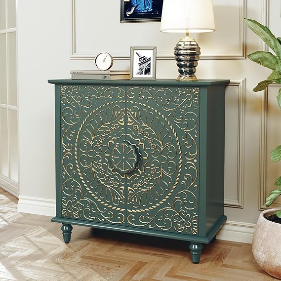 White Accent Cabinet with Carved Flower Pattern