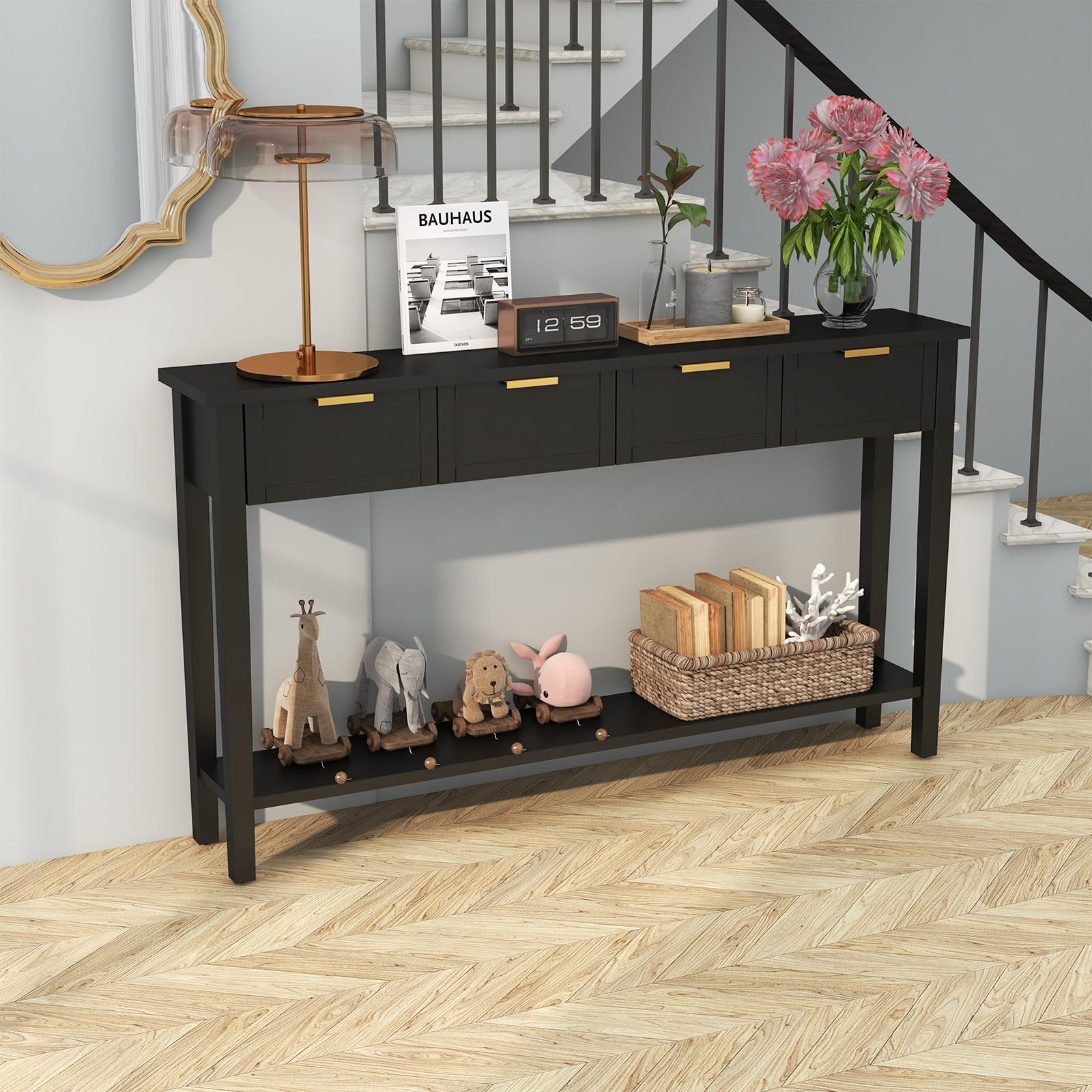 Console Table with 4 Drawers and Shelf - 60 Inch Long Entryway Hall Table