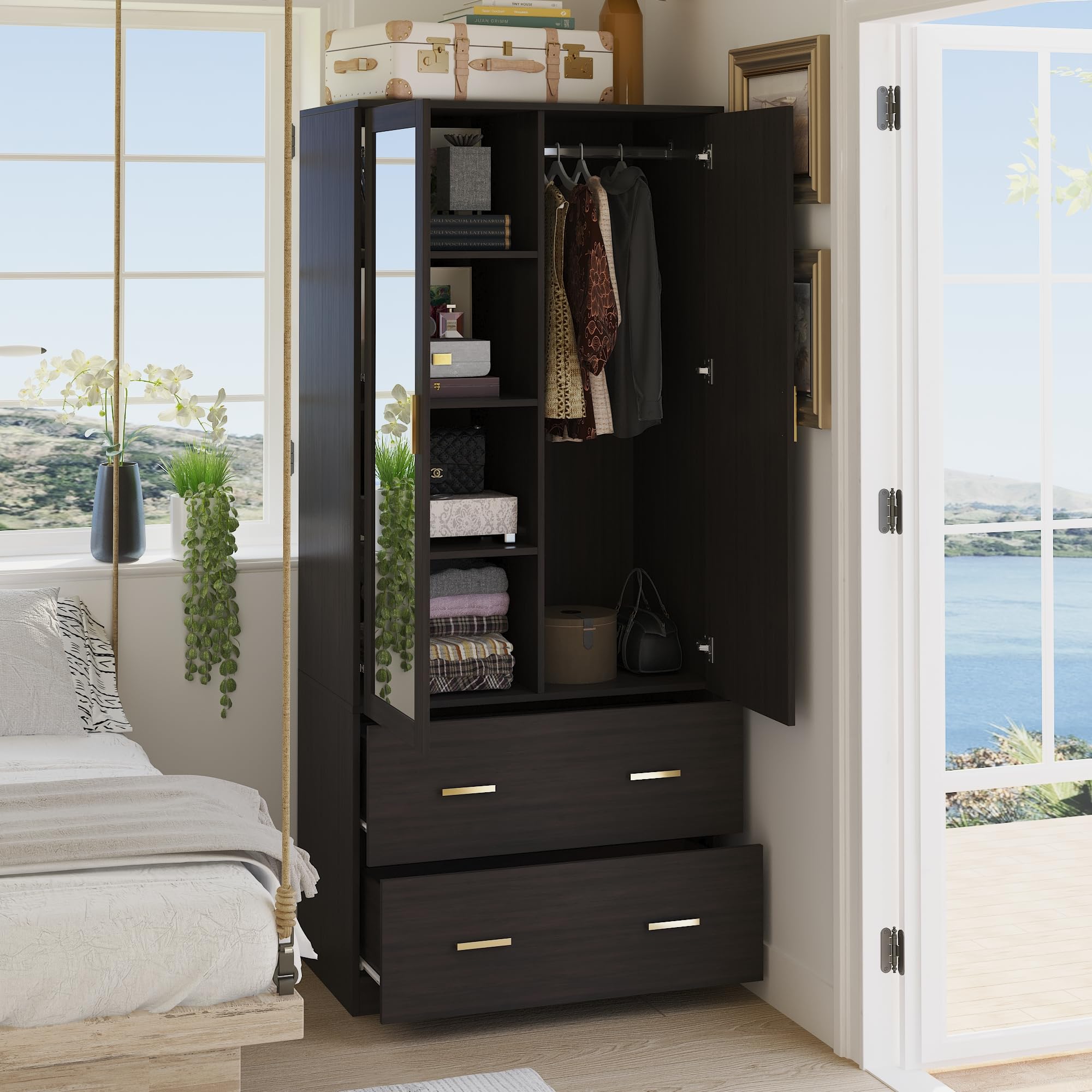 2-Door Wardrobe Armoire with Mirror and Drawers