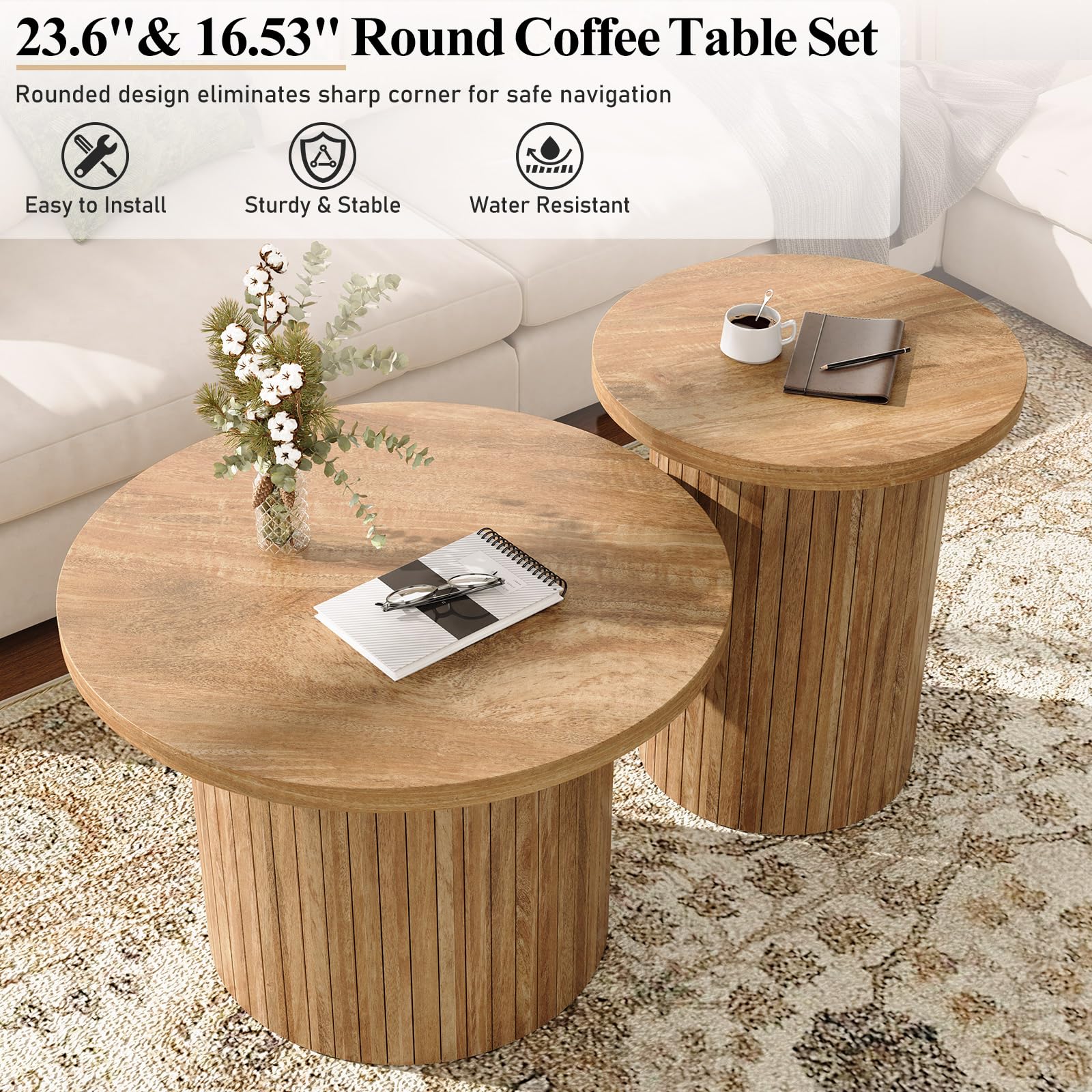 Nesting Coffee Table Set of 2 Mid Century Modern Round Wood Slat Side Tables