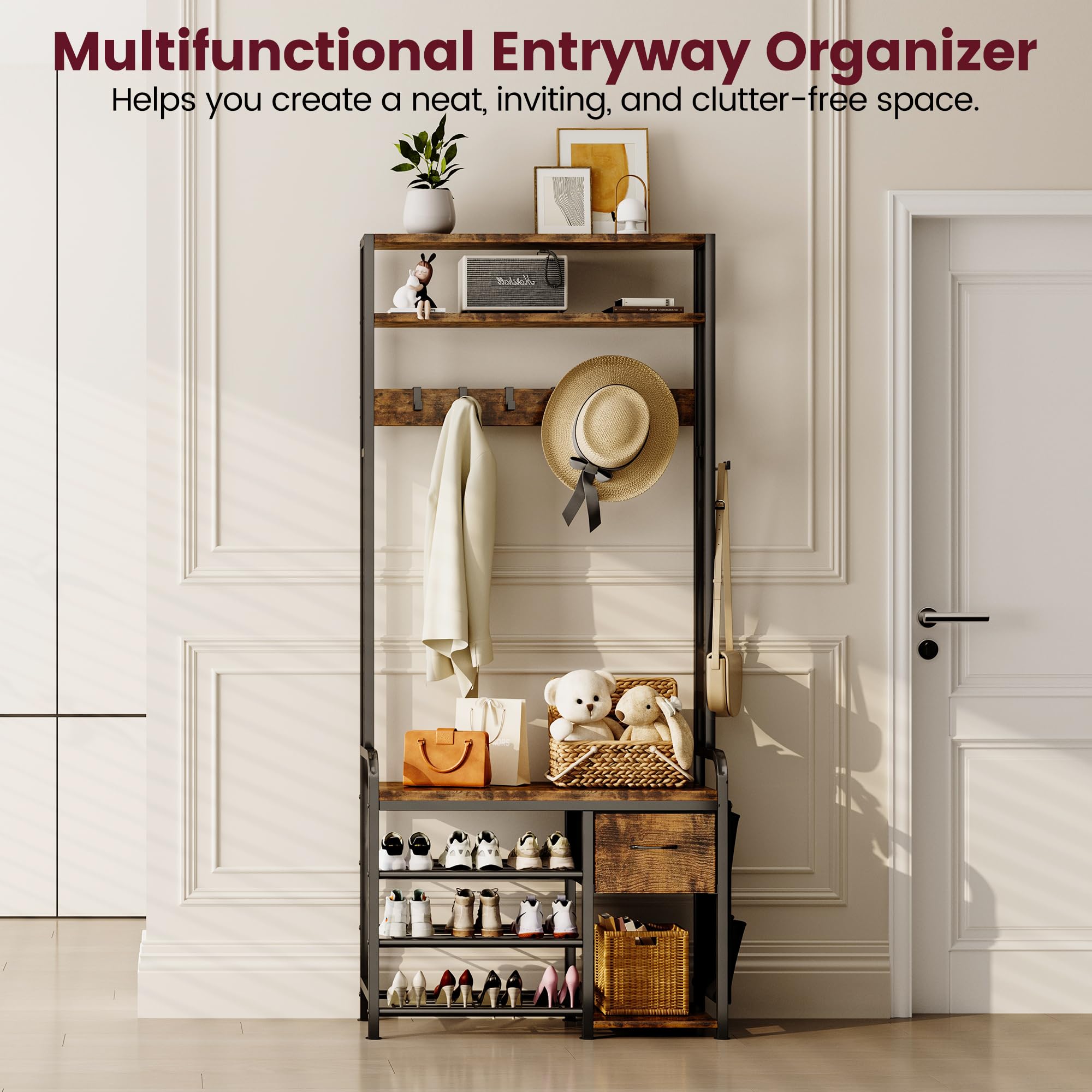 3-in-1 Hall Tree with Bench and Shoe Storage