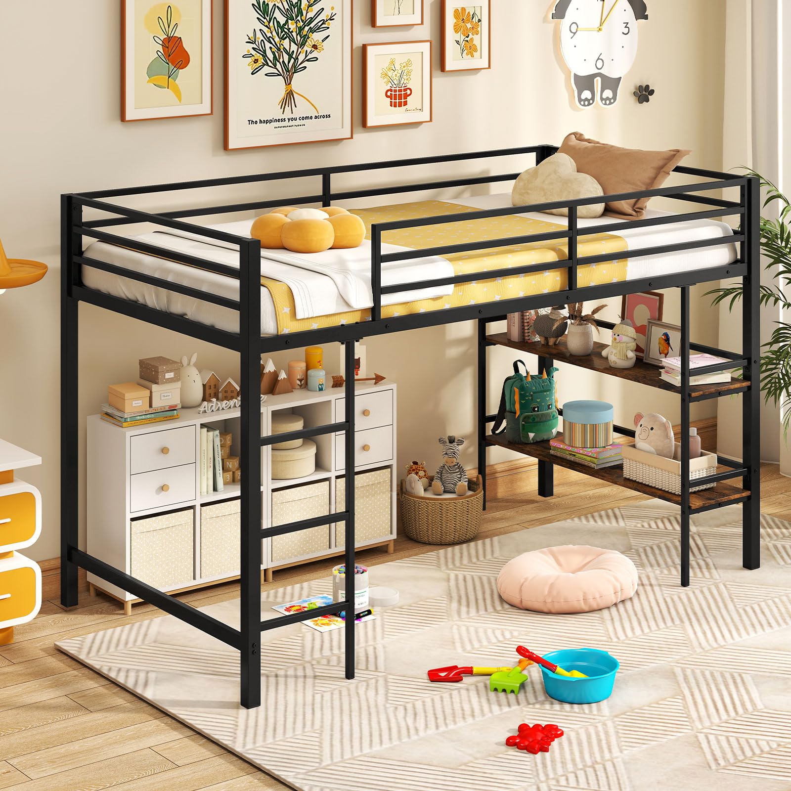 Low Loft Bed Twin Size with Storage Shelves and Ladder