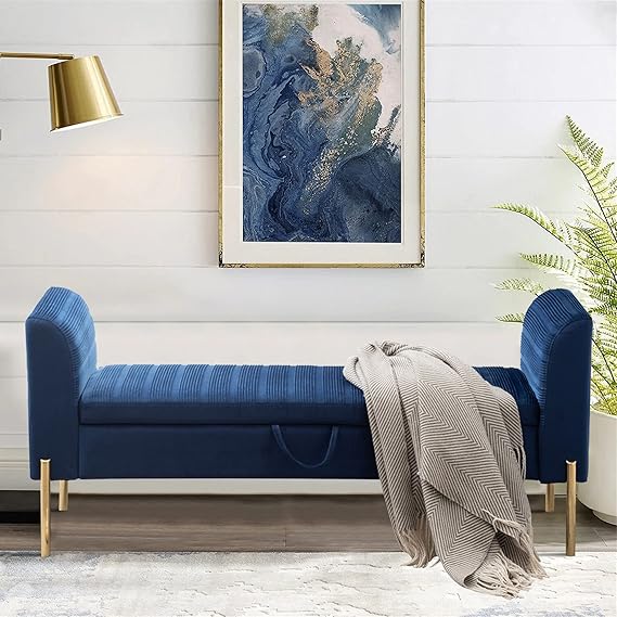 Blue Velvet Storage Bench with Metal Frame