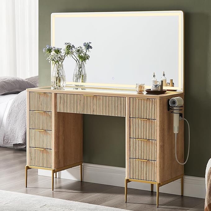 48" Fluted Makeup Vanity Desk with LED Mirror and Charging Station