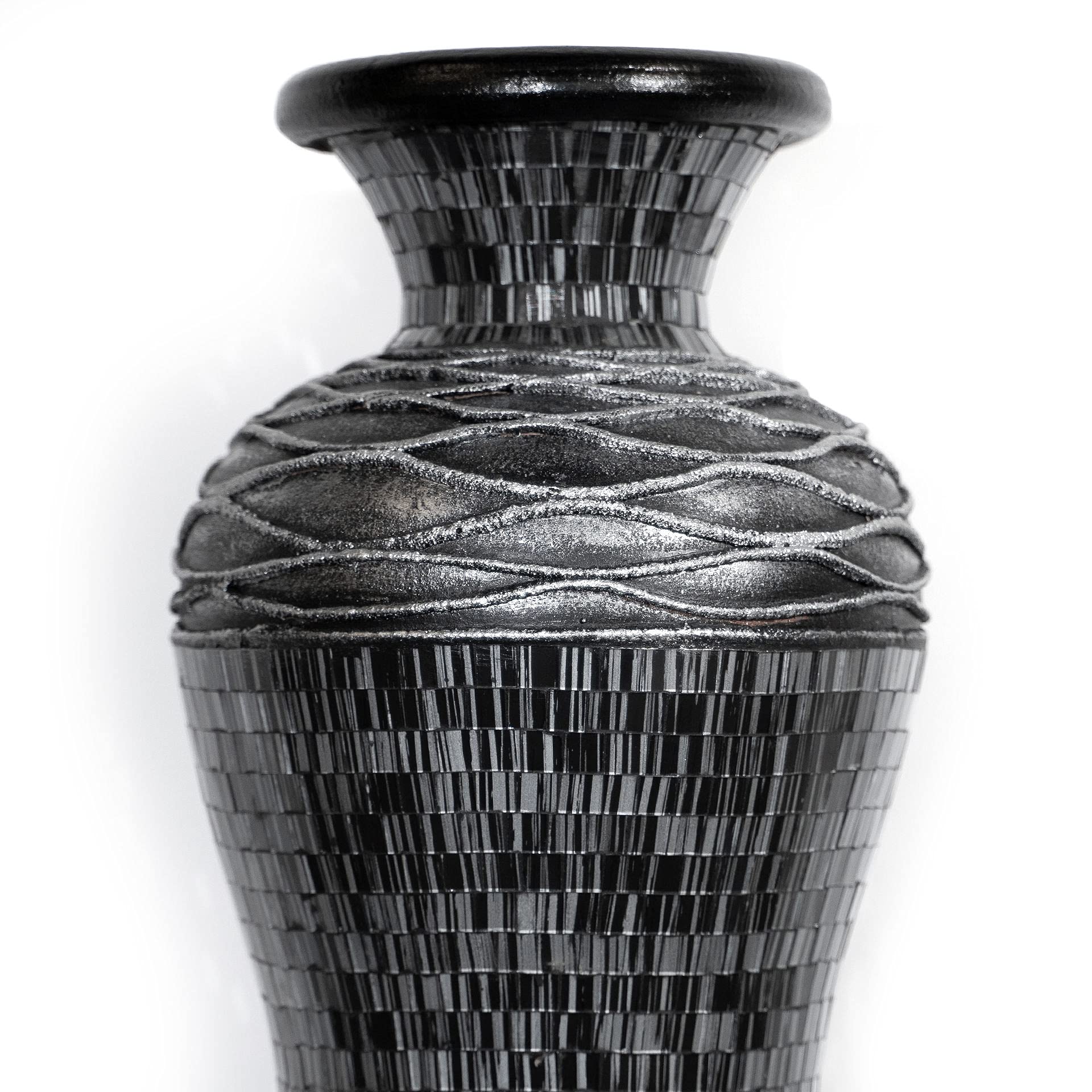 24 Inch Mosaic Floor Vase - Terracotta Cylinder with Grey and Black Glass