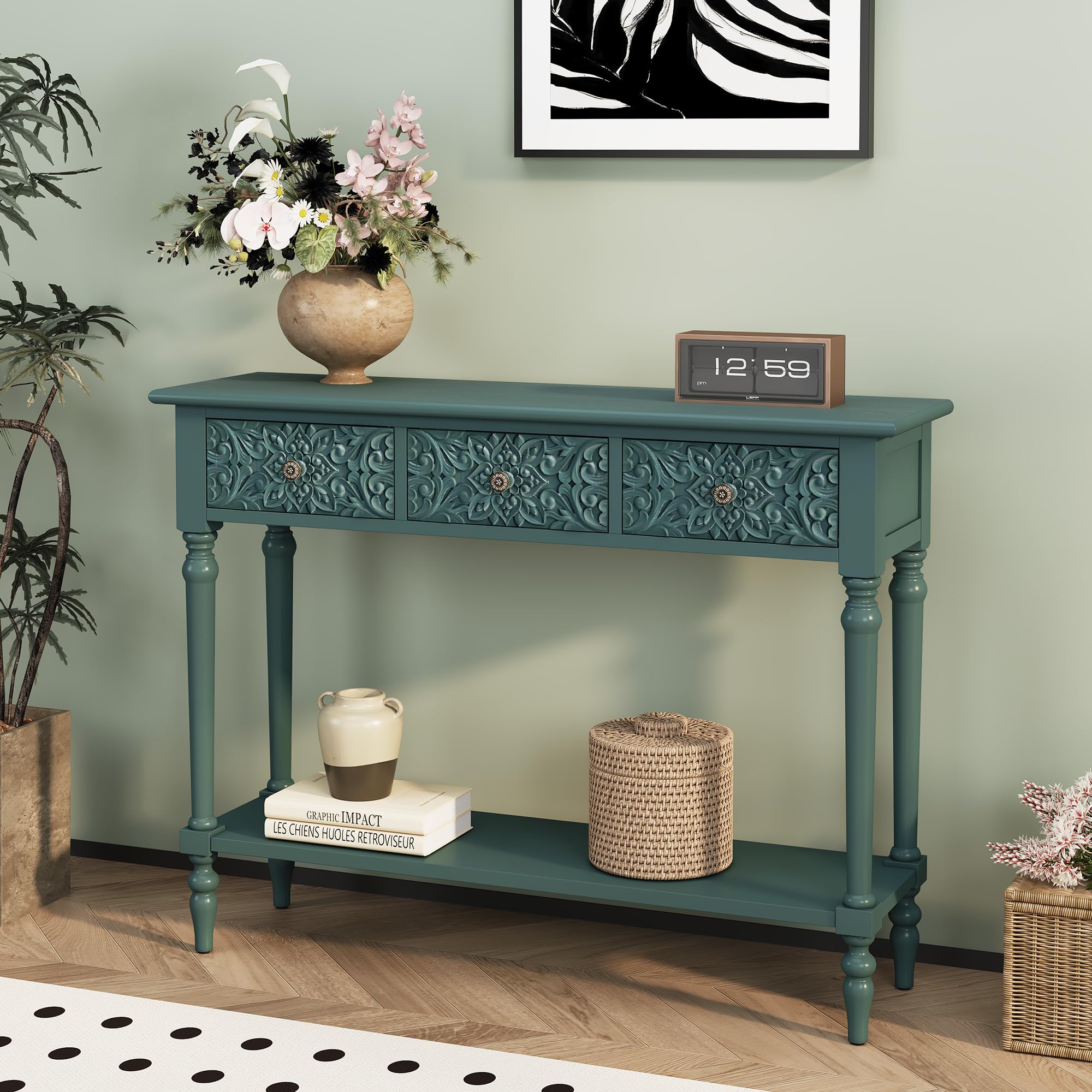 Entryway Console Table with 3 Drawers and Open Shelf