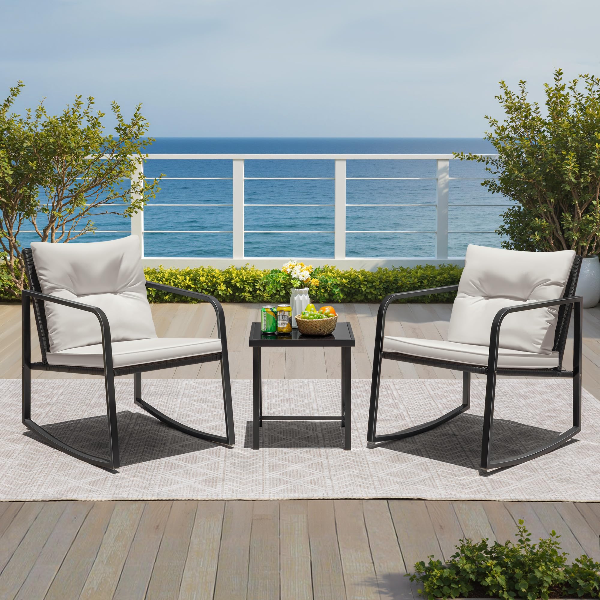 3 Pieces Rocking Wicker Bistro Set with Glass Coffee Table