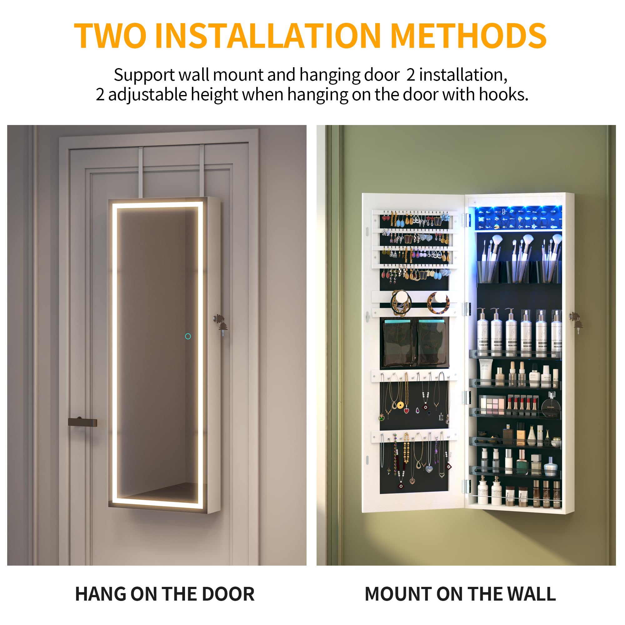 LED Mirror Jewelry Cabinet with Wall/Door Mount