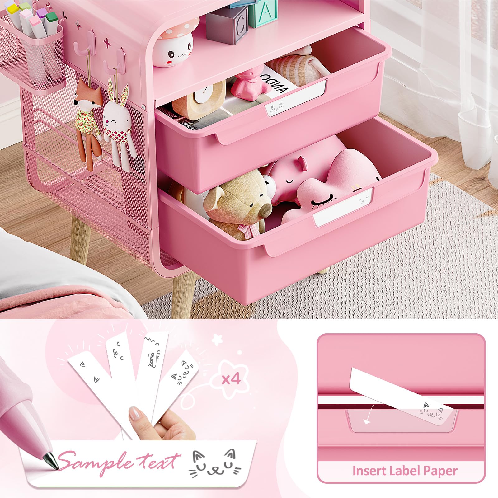 Pink Kids Nightstand with Storage Drawers