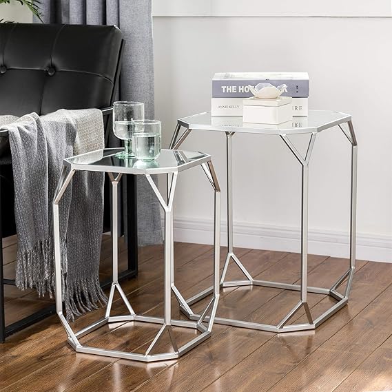 Modern Nesting Tables Set of 2 with Glass Top