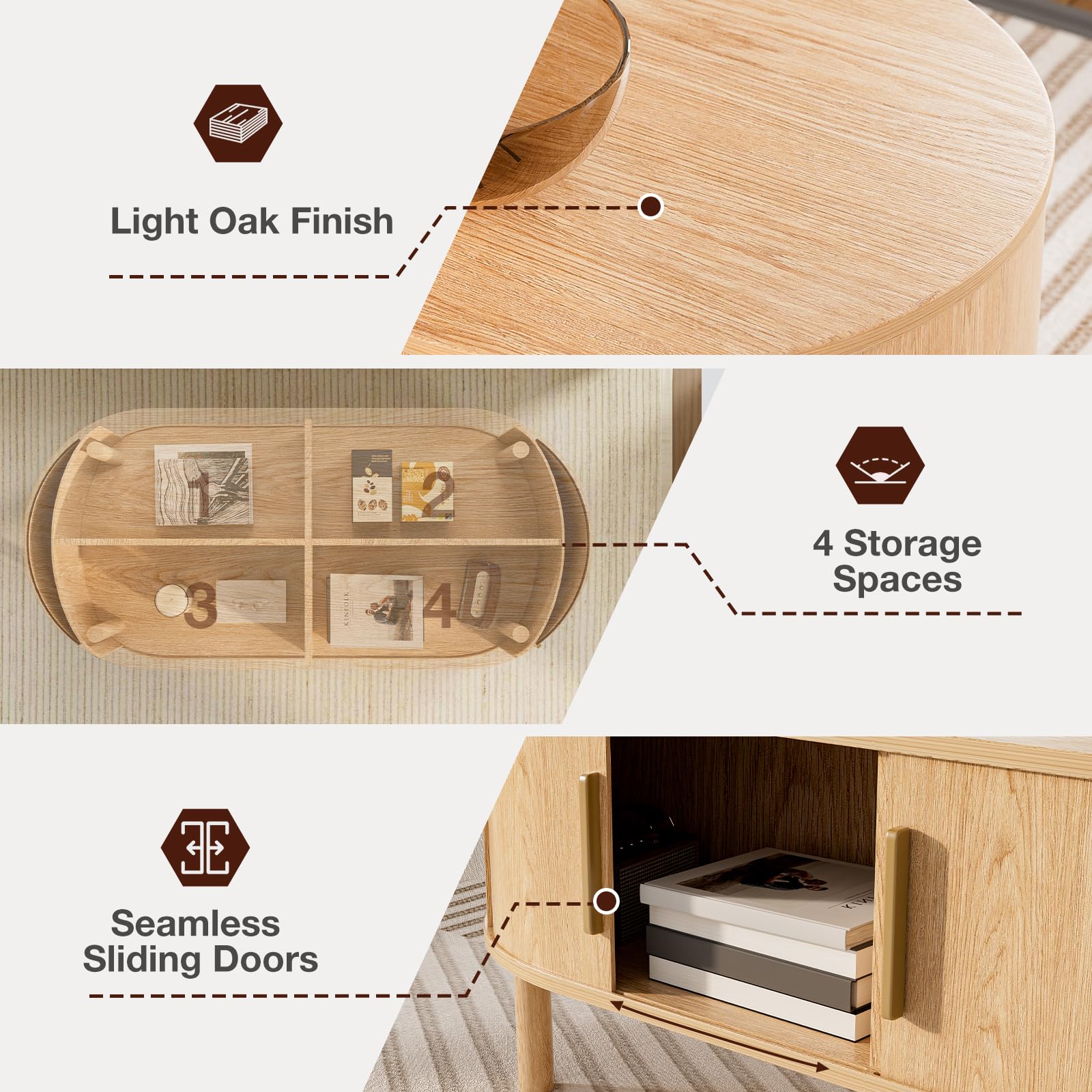 Oval Coffee Table with Sliding Door Cabinets