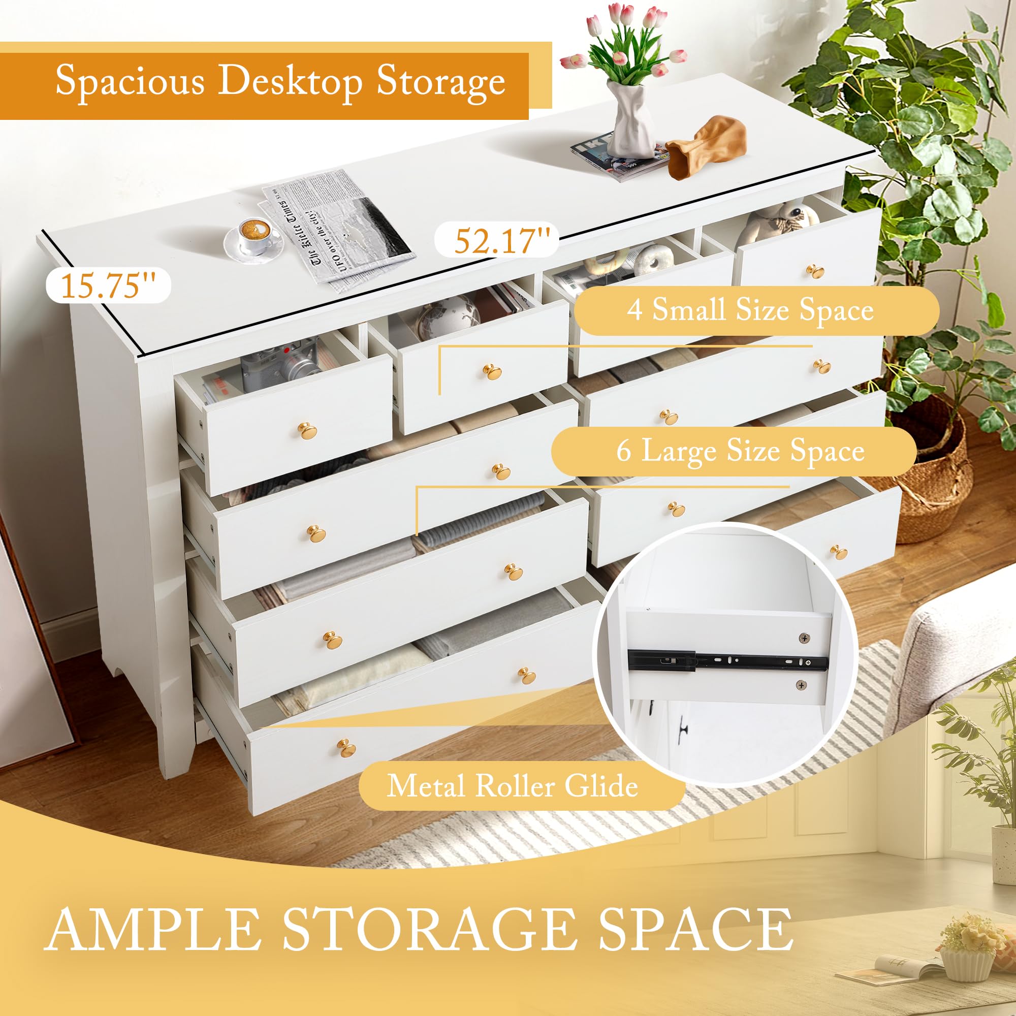 10 Drawer Dresser 52 Inch Wooden Chest with Gold Knobs White