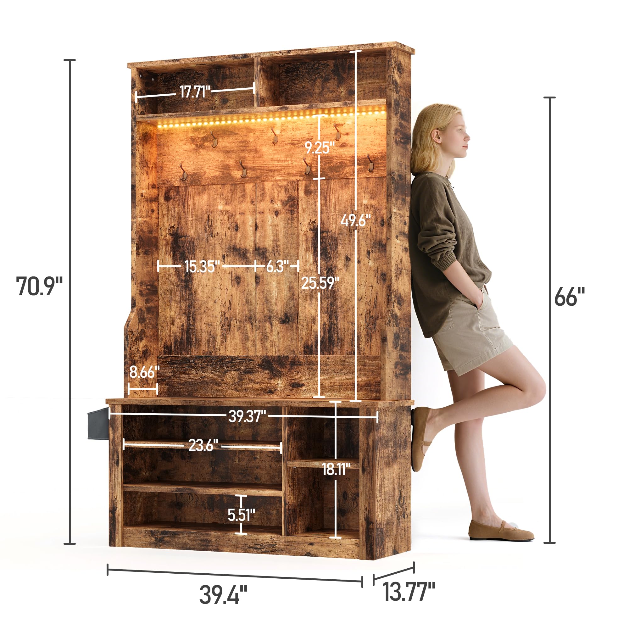 5-in-1 Hall Tree with Bench and LED Lighting