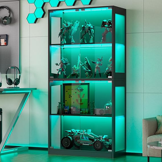 4-Tier Display Cabinet with Glass Doors and LED Lights