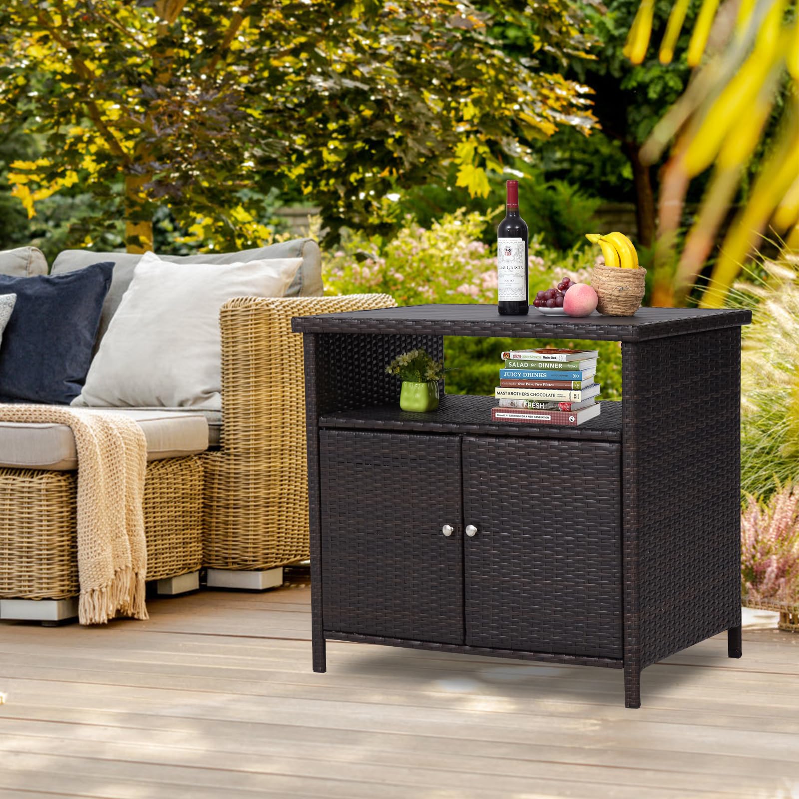 Outdoor Wicker Storage Cabinet with Doors