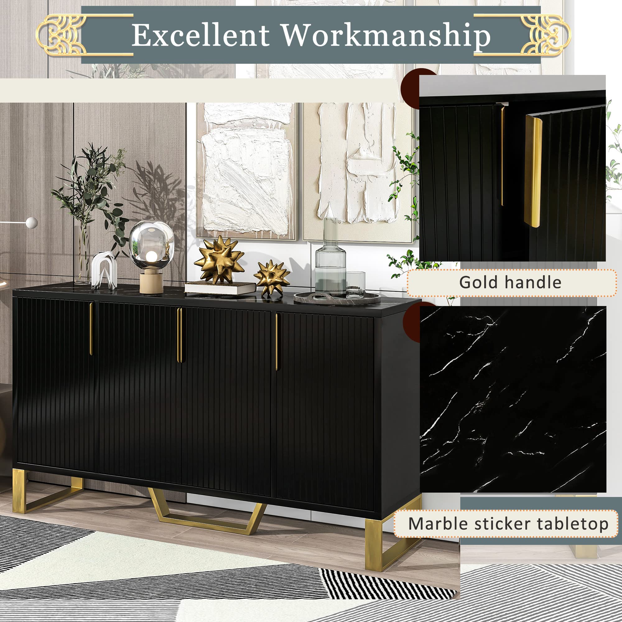 60-Inch Sideboard Cabinet with Faux Marble Top