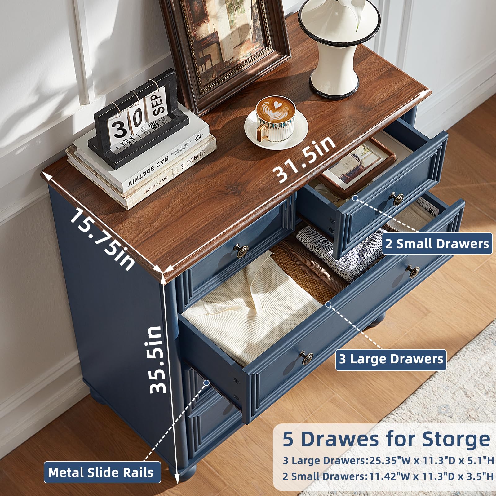 5 Drawer Dresser Navy Blue Farmhouse Style
