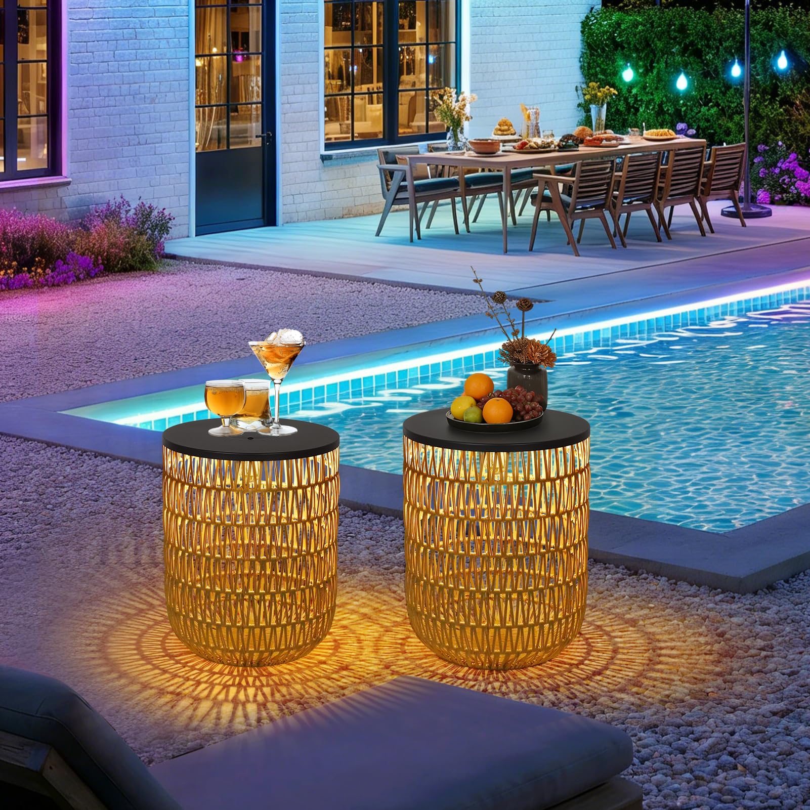 Solar Outdoor Side Table Set of 2 with Dimmable Light