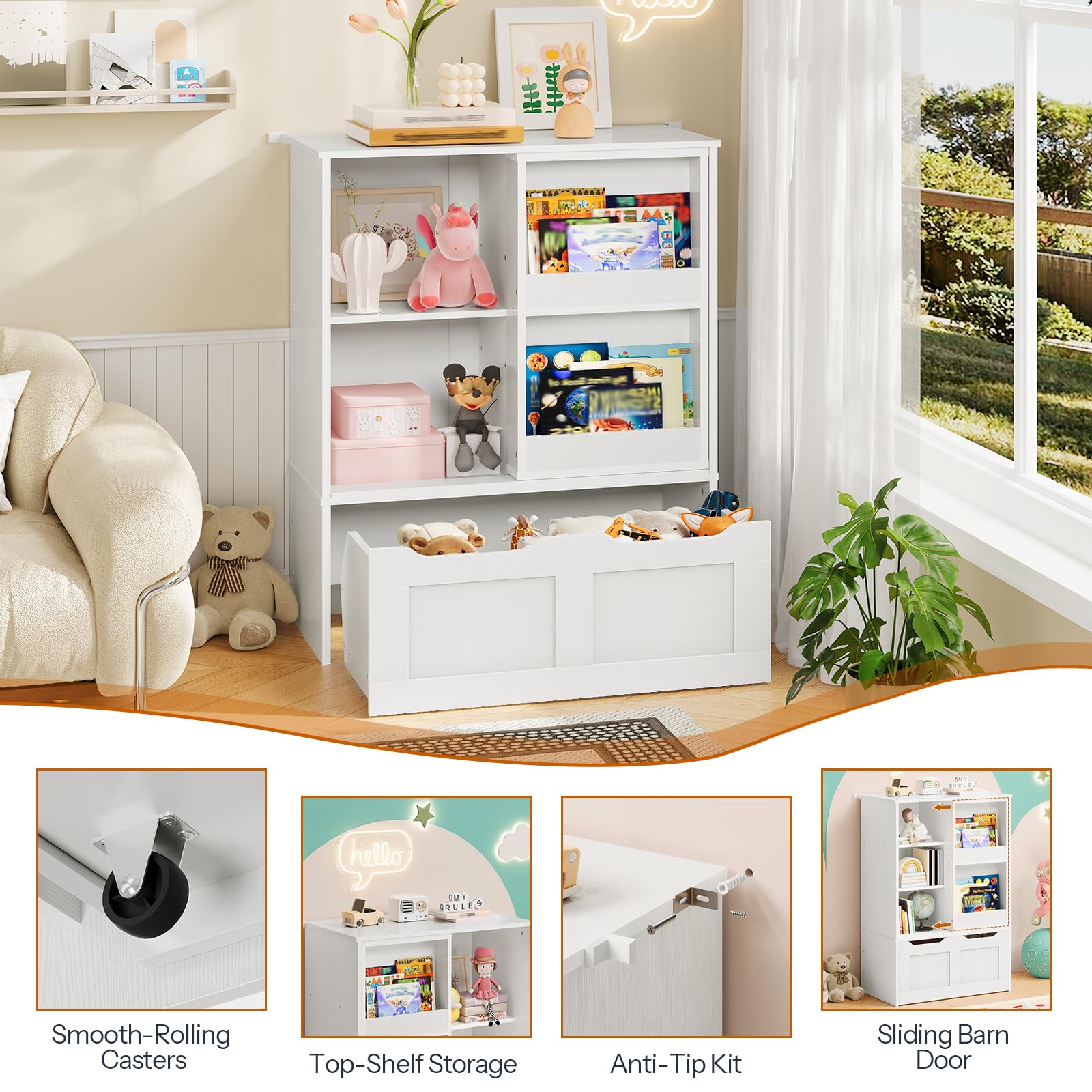 Toy Storage Organizer with Sliding Book Shelf and Movable Drawer