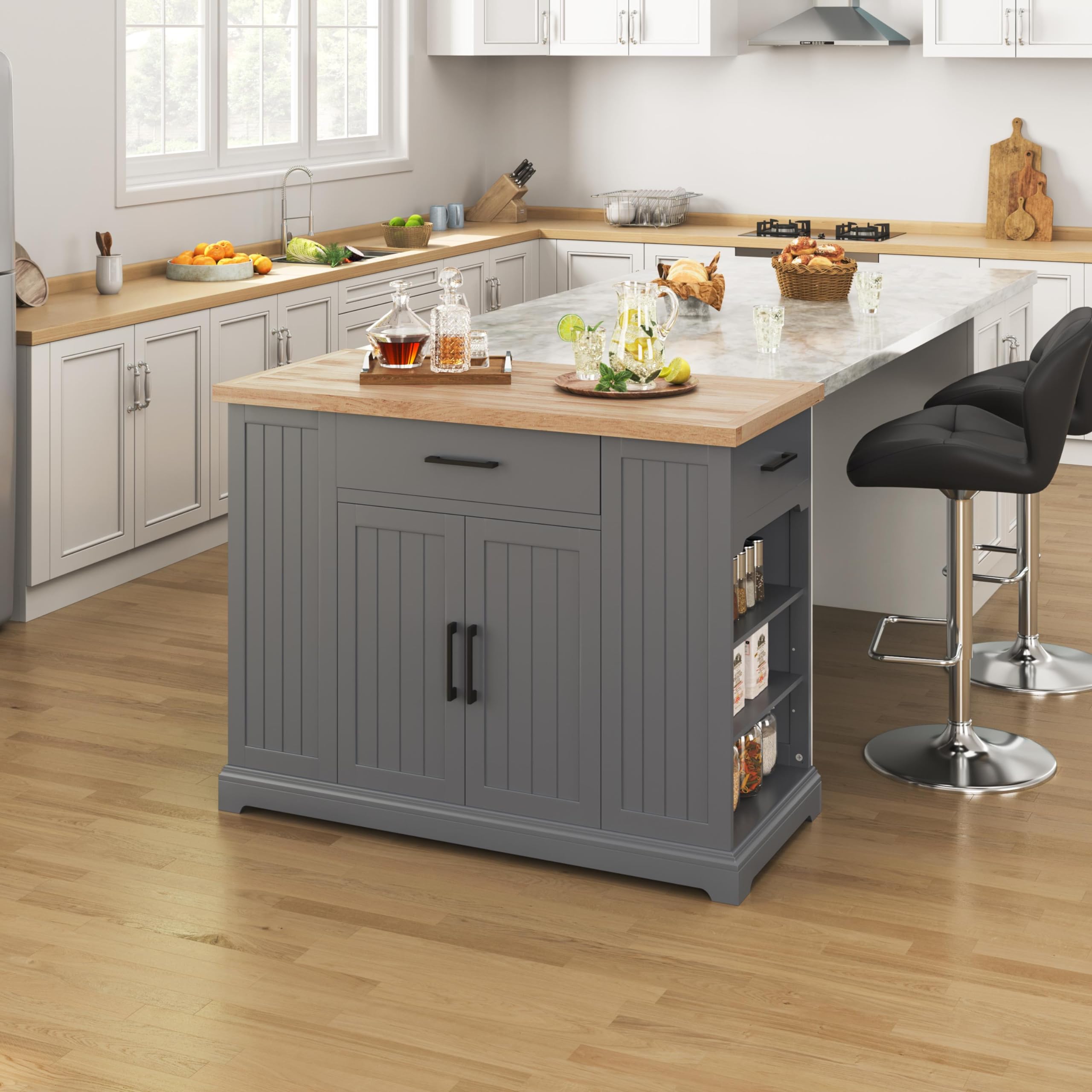 Rolling Kitchen Island Cart with Rubberwood Countertop