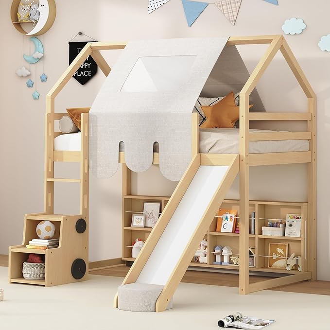 Twin Loft Bed with Slide and Tent