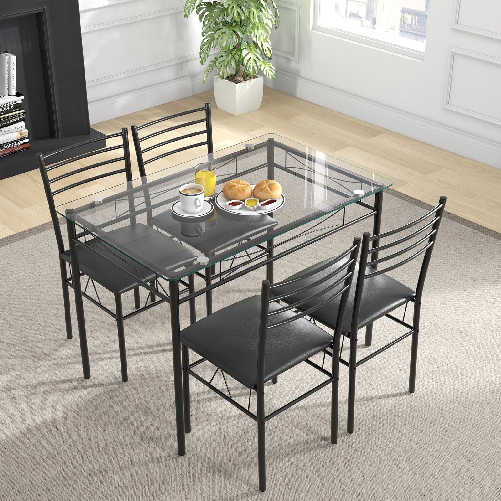 5 Piece Dining Table Set with Tempered Glass Top