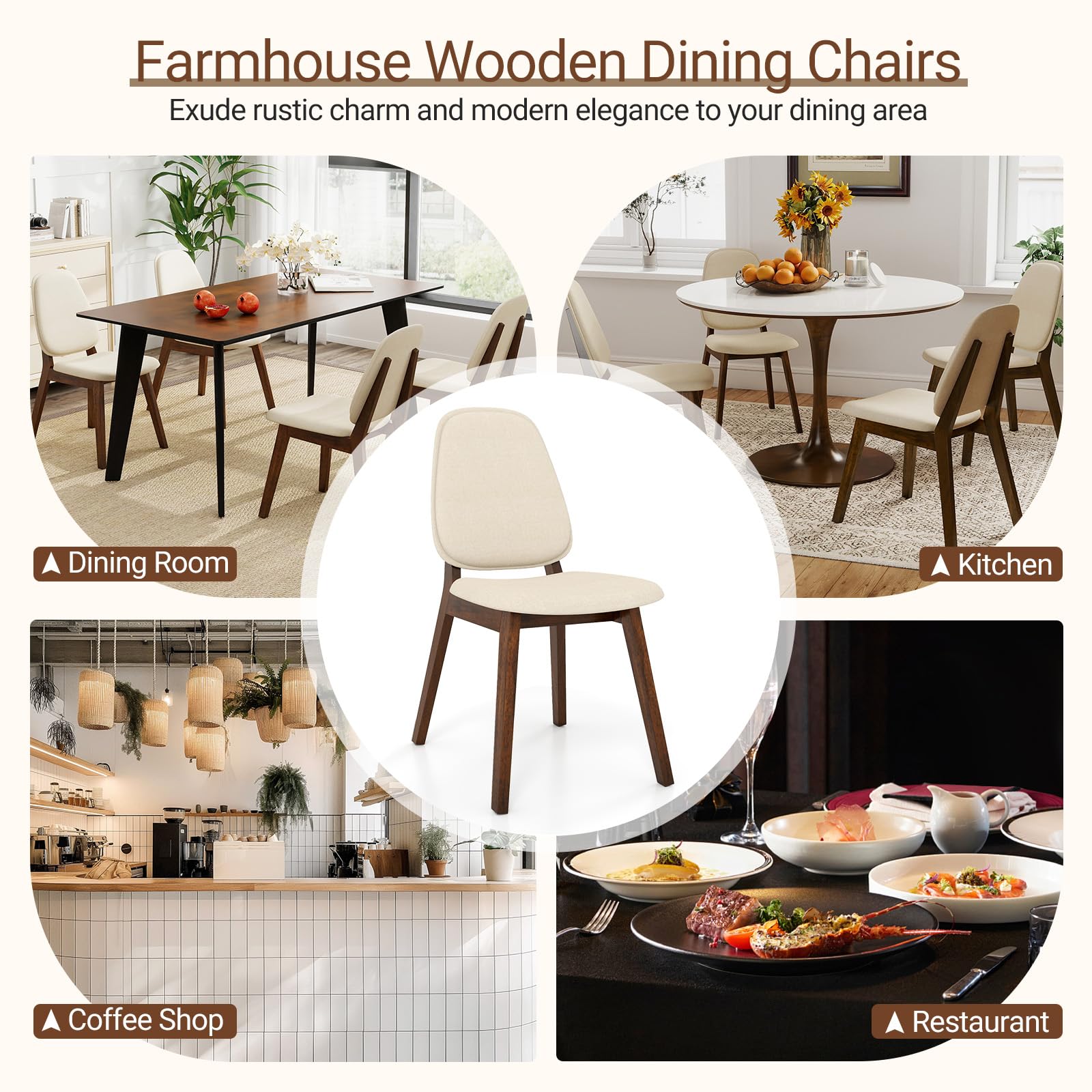 Wooden Dining Chairs Set of 4 - Linen Upholstered with Curved Back