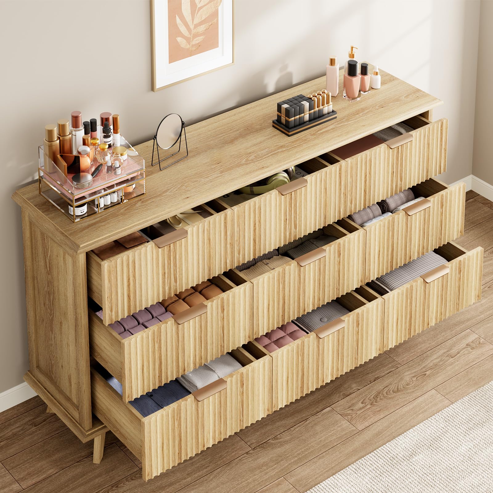 Fluted 9-Drawer Dresser 59.1" Wide Modern Chest with Metal Handle