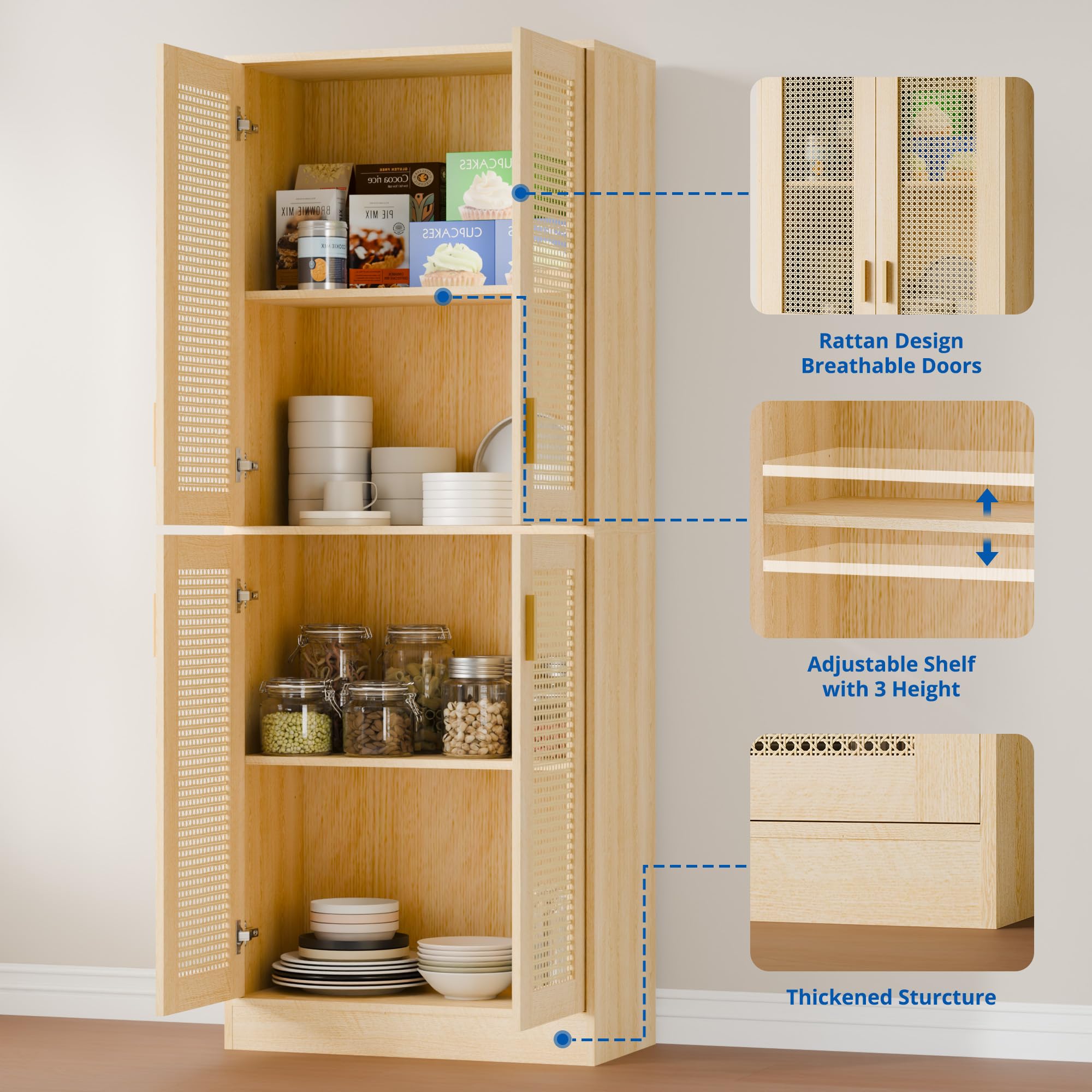 Tall Rattan Storage Cabinet with Adjustable Shelves