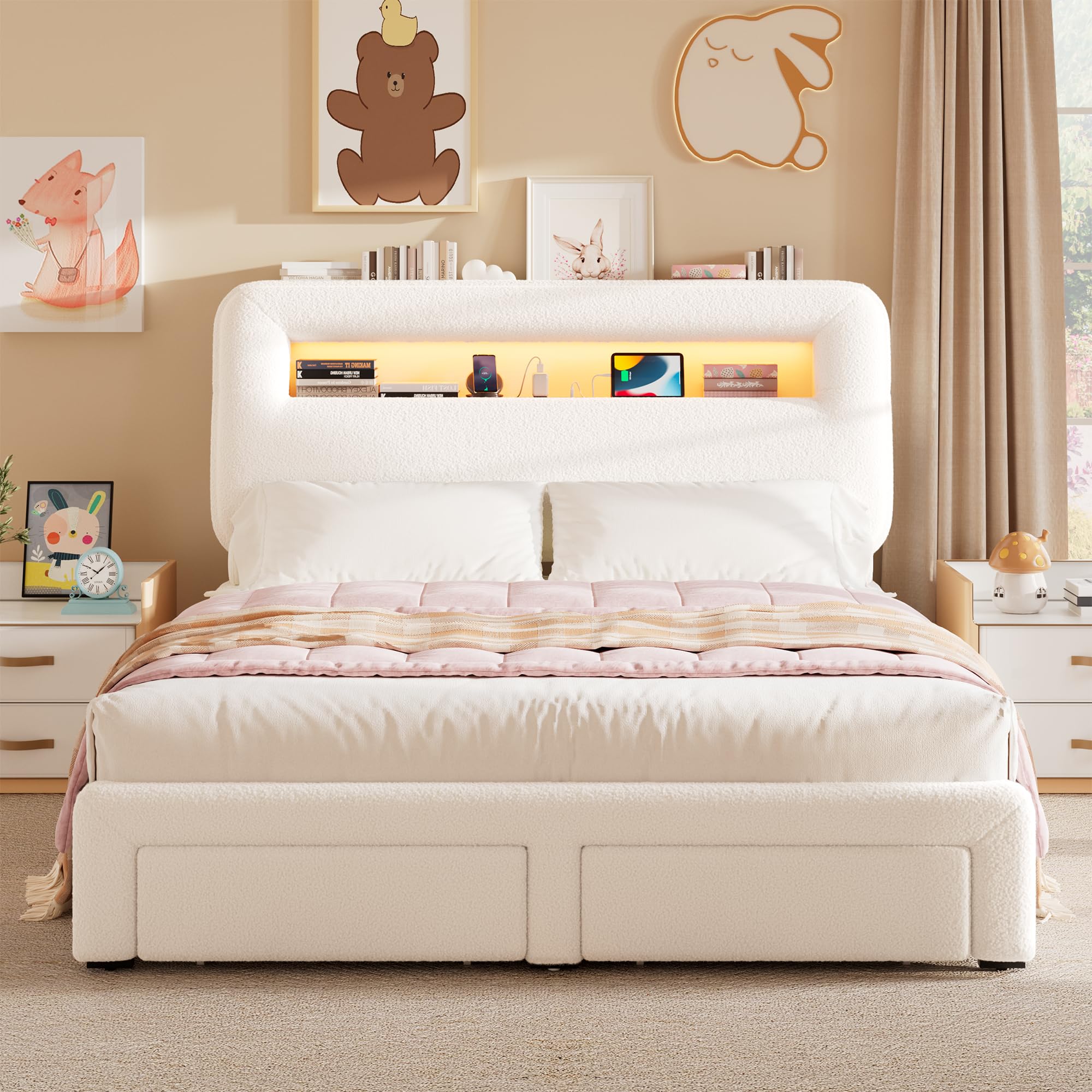 King LED Bed Frame with Storage Headboard and Charging Station