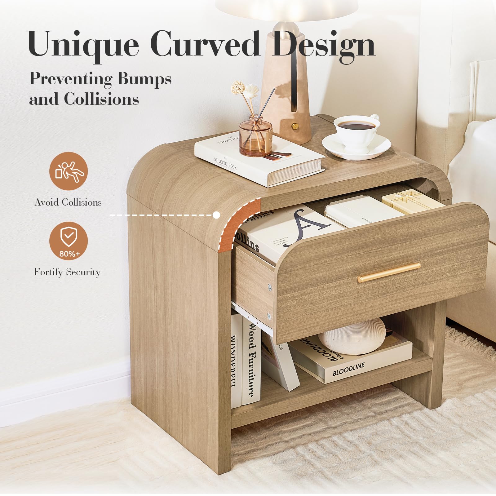 Night Stand Set of 2 with Drawer and Storage Shelf