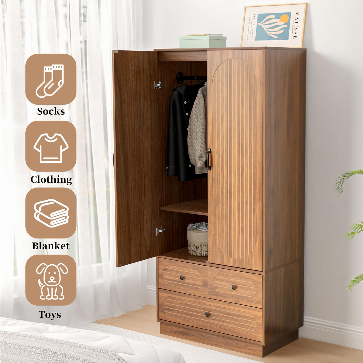 Armoire Wardrobe Closet with Doors and 3 Drawers - Walnut