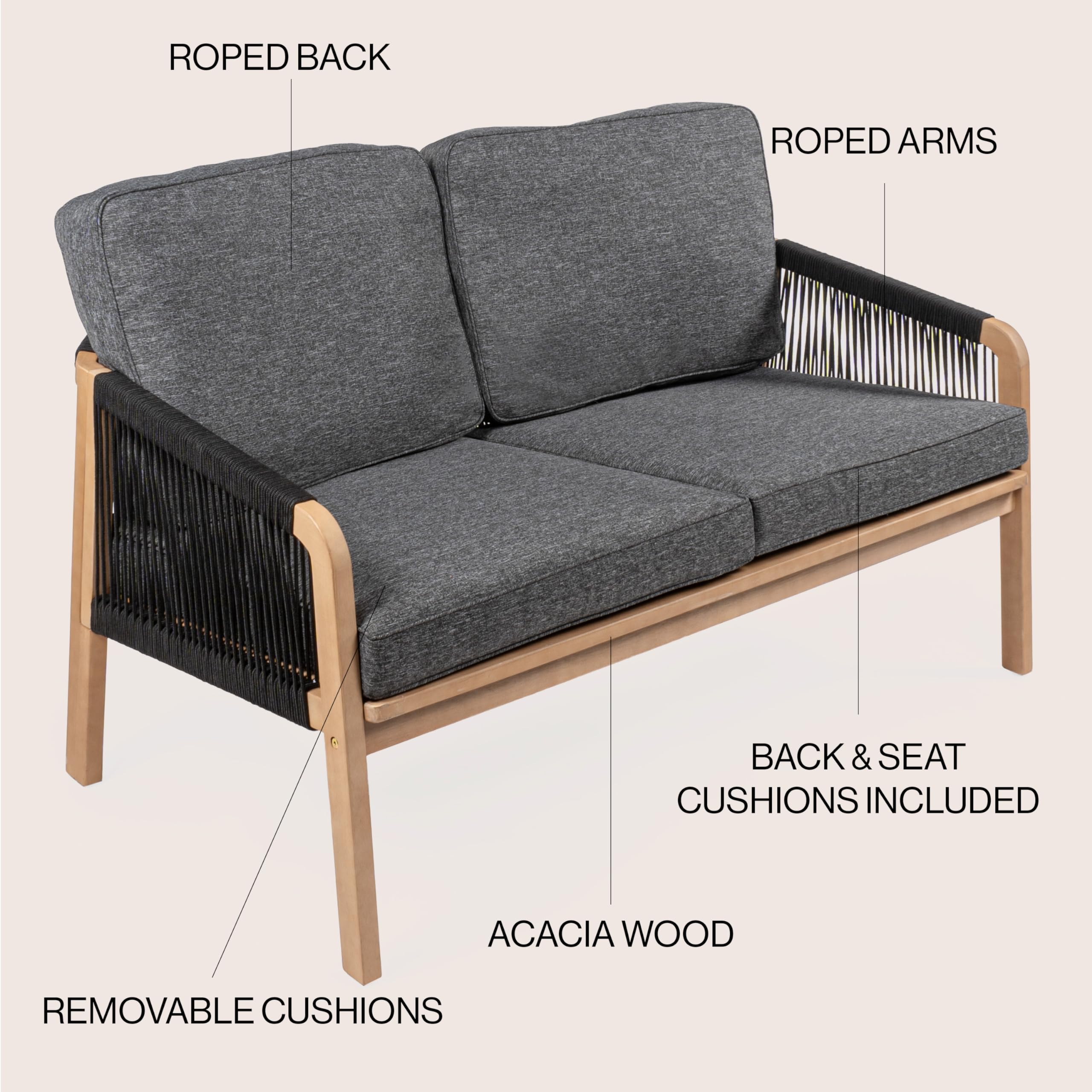 Arwen Roped Acacia Wood Outdoor Loveseat with Cushions